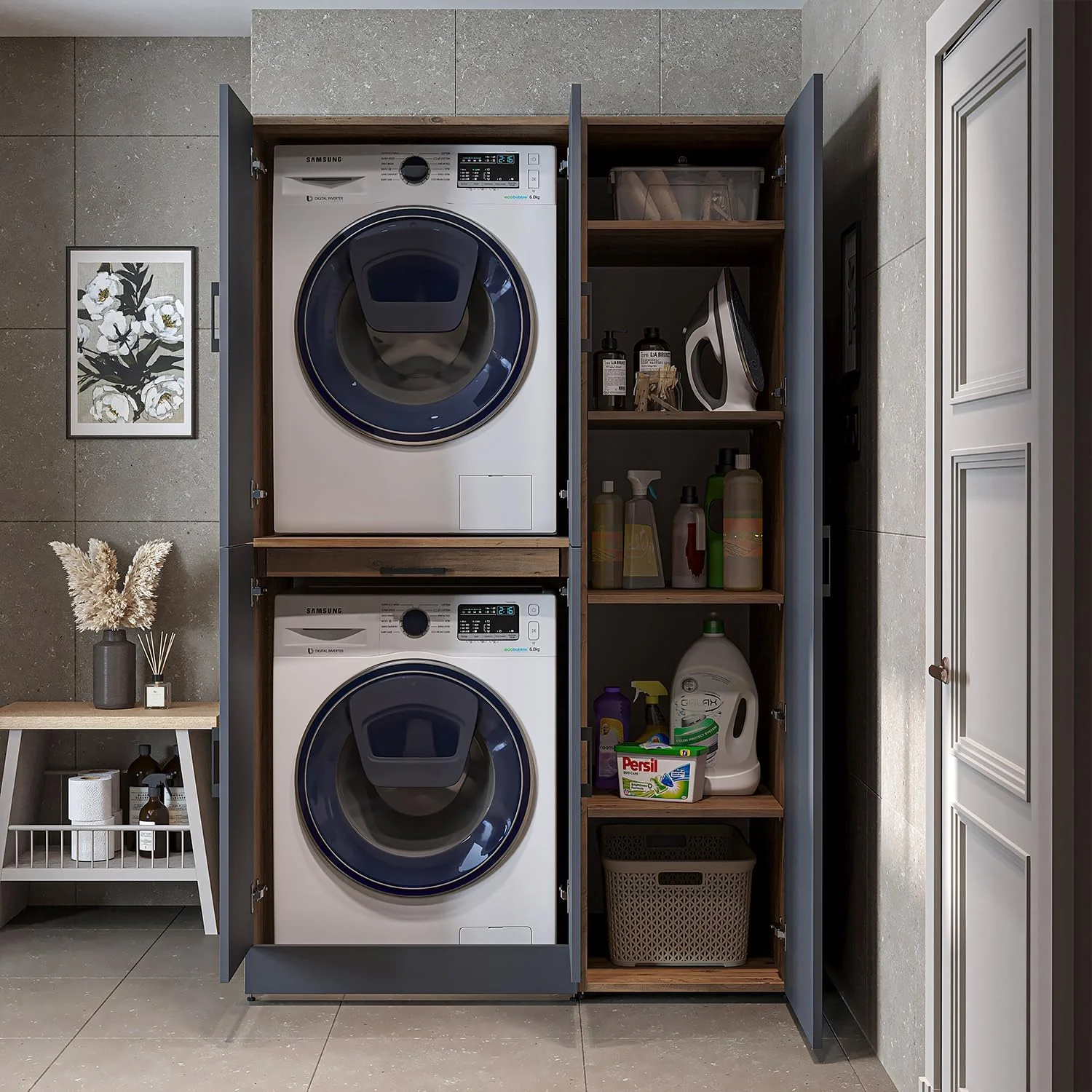 ROOMART Dora - Armoire de machine à laver - Pour sèche-linge et machine à laver - En 4 couleurs - Avec portes et panneau coulissant - Blanc - Chêne blanc - Chêne anthracite - Chêne blanc (chêne blanc)