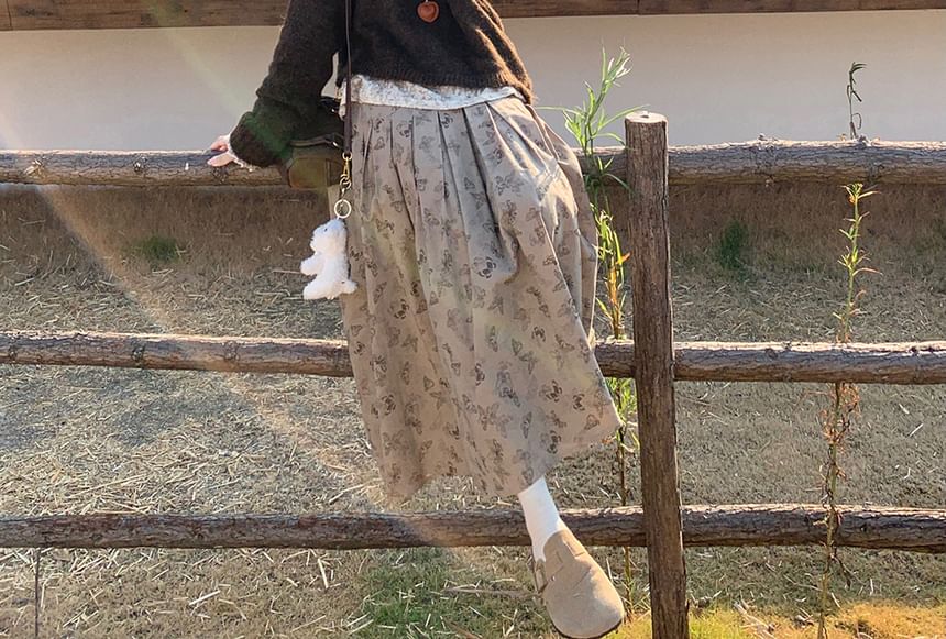 Closette - Maxi A-lijn rok met hoge taille en bloemenprint / Blouse met pofmouwen en een kraagje met patroon / Effen trui met ronde hals