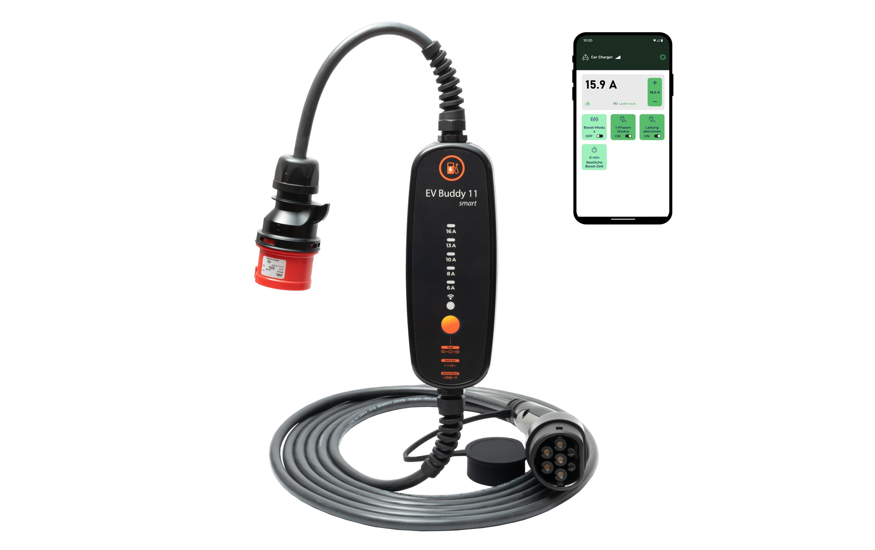 Mobiler Lader EV Buddy Smart – 11 kW 10 m Typ 2<br>Intelligentes, mobiles Ladegerät mit CEE16-5 Stecker und App-Steuerung