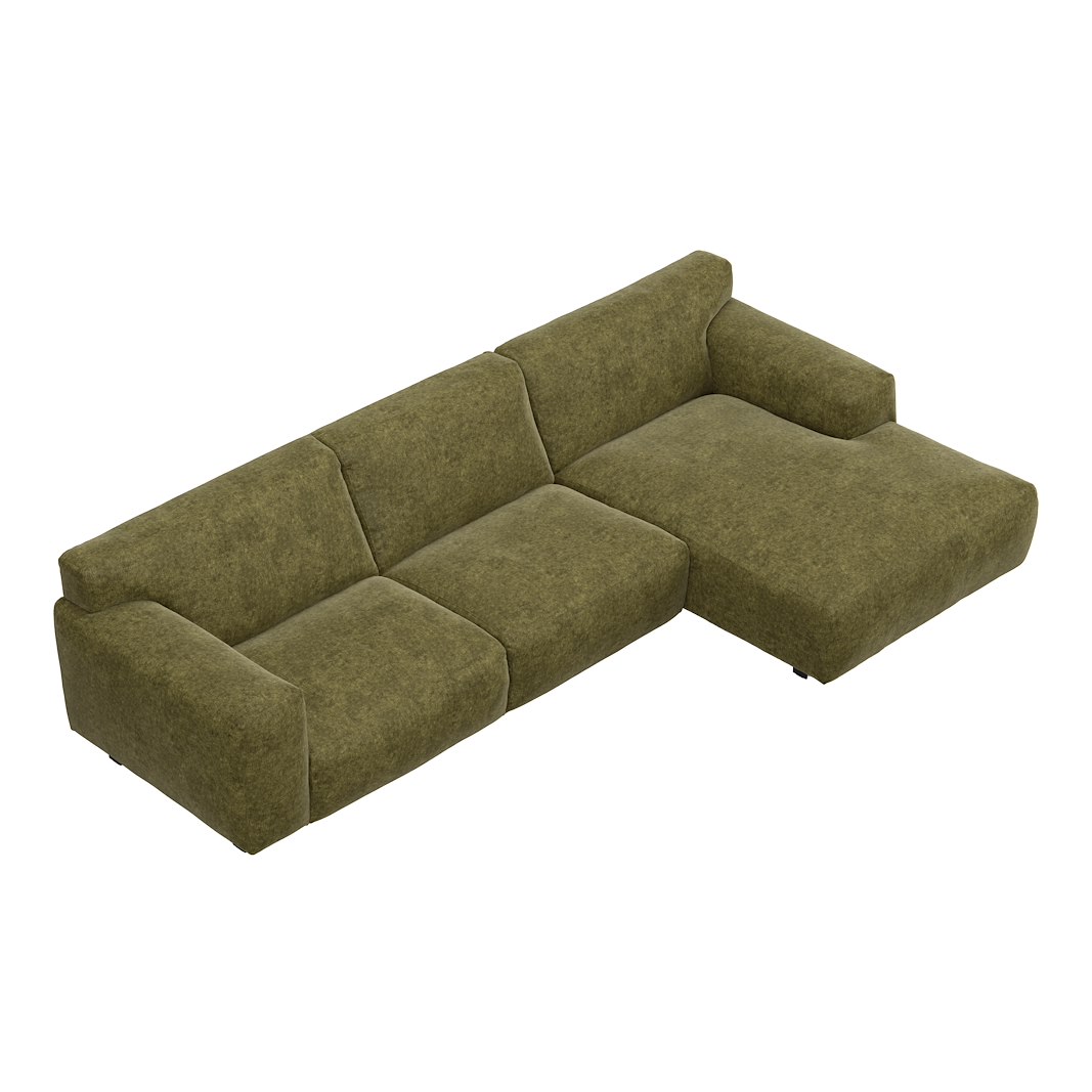 Vesta 2,5-seter med sjeselong høyre I Tekstil Eros Forest, standardsøm, sort metallben 10 cm, Comfort CM