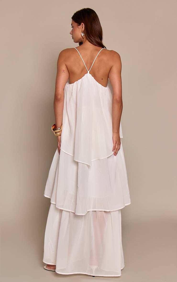Blanc Robe Longue Évasée En Mousseline À Bretelles Et Volants Étagés
