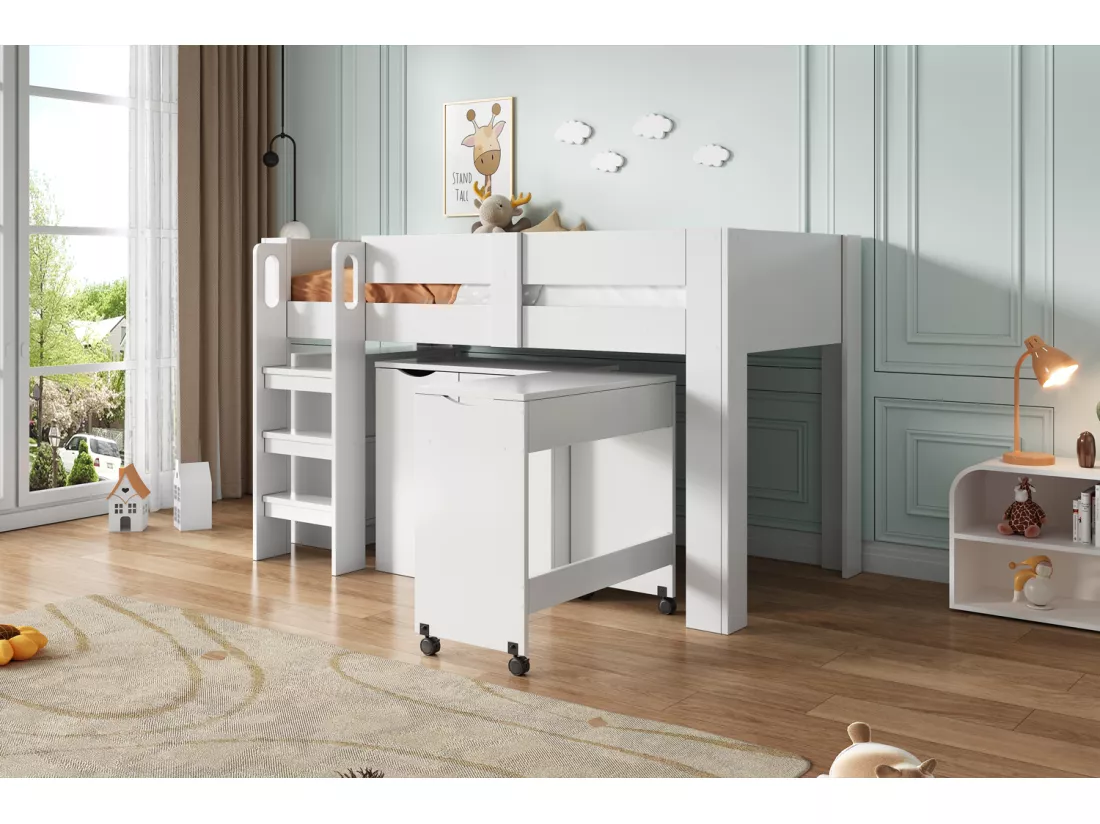 Lit mezzanine 90 x 200 cm avec bureau coulissant, armoire et tabouret - Bois MDF - Blanc (sans matelas)