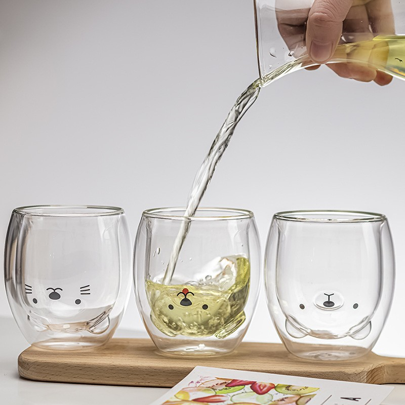 (250ml) Doppelwandiges Cappuccino Glas Kaffee Cup Tee Tasse - Katze