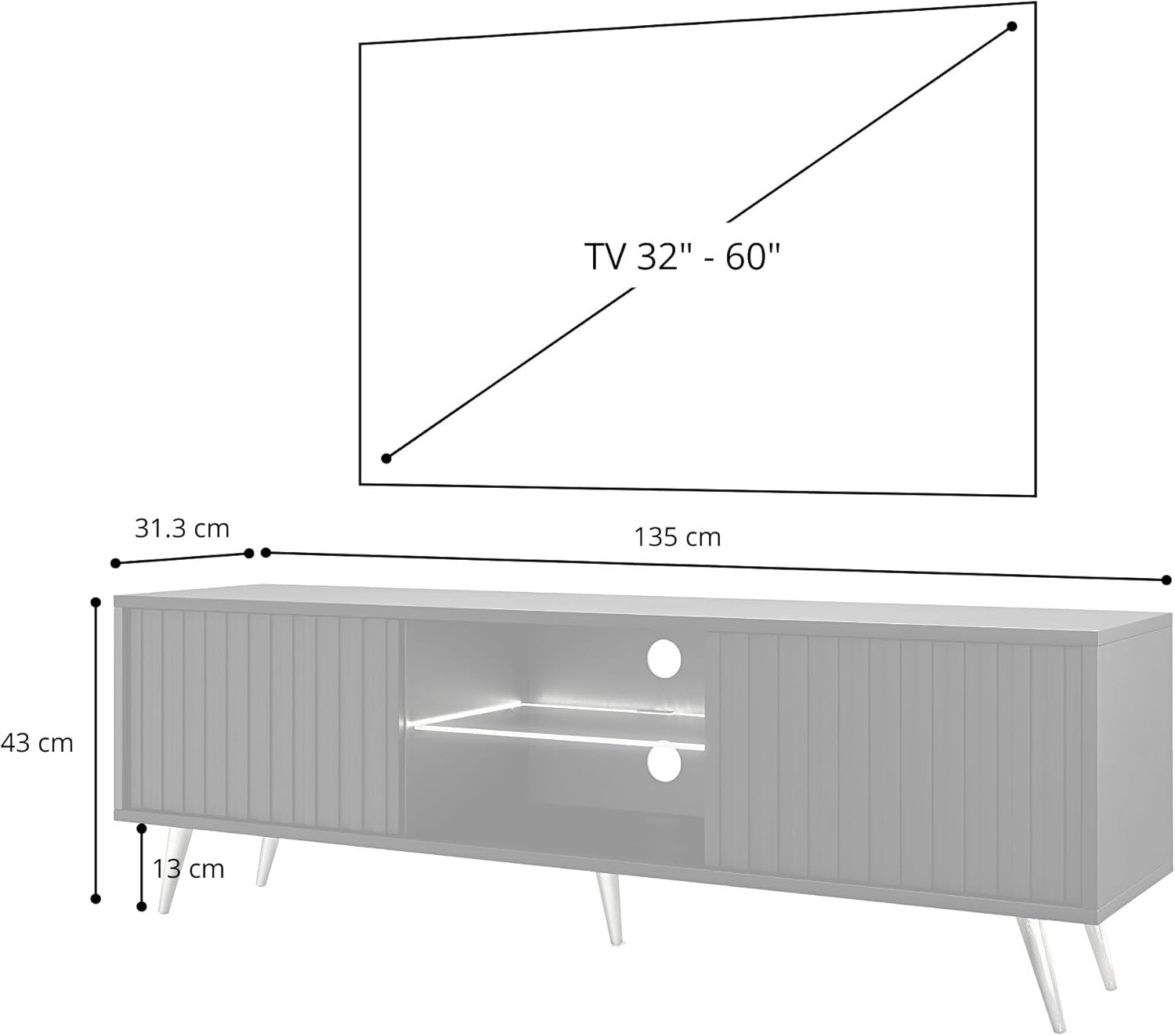 Selsey TV Schrank Board Sideboard Fernsehtisch Fernsehschrank Mit Lamellen 135 cm Goldene Beine Weiß Bello
