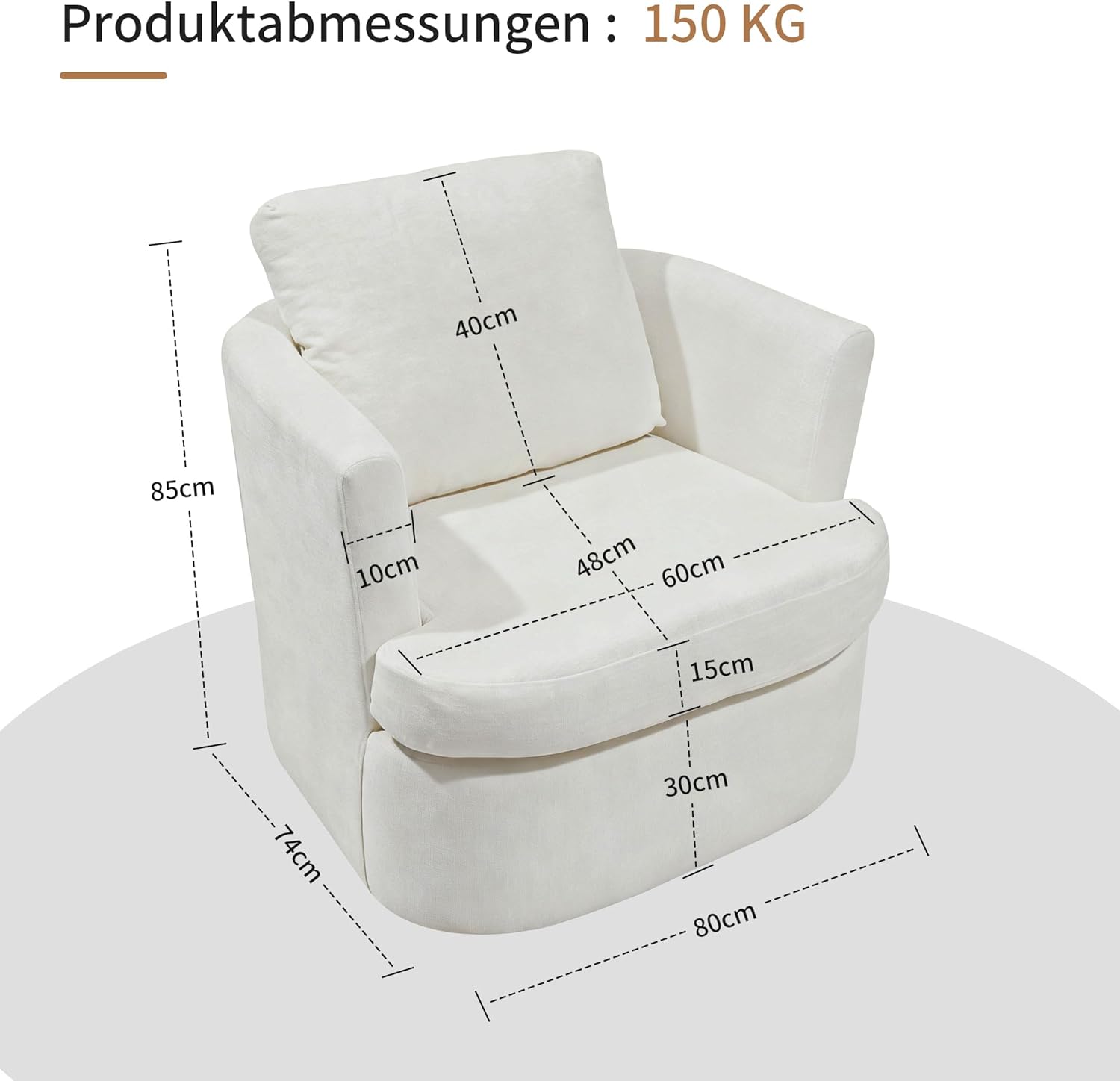 Drehsessel, Chenille Sessel, 360° Schwenkbarer Entspannungsstuhl, mit U-förmiger Rückenlehne und gepolsterter Sitzfläche, geeignet für Wohnzimmer, Schlafzimmer und Büro, Weiß