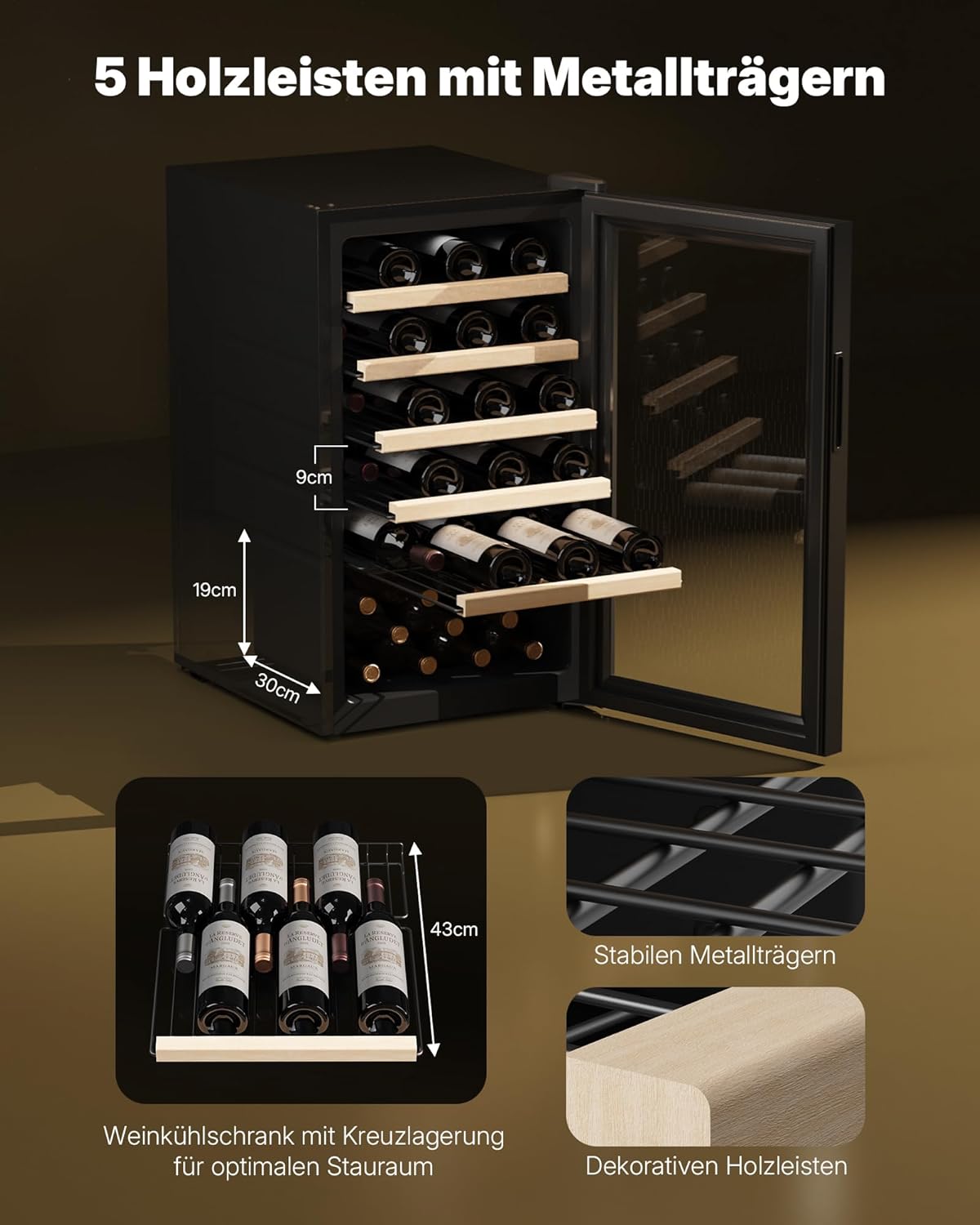 Upstreman 95L Weinkühlschrank mit Vollglas-Tür – Kapazität max. 41 Flaschen, 5°C - 20°C einstellbar, mit Doppelverglasung, Touch-Display, LED-Beleuchtung, 5 Einlegeböden, W41-Schwarz