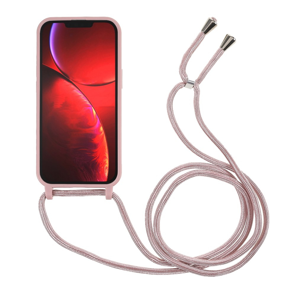 iPhone 13 Pro Necklace Gummi Case Hülle   Handykette (150cm) - Sandrosa / Silber