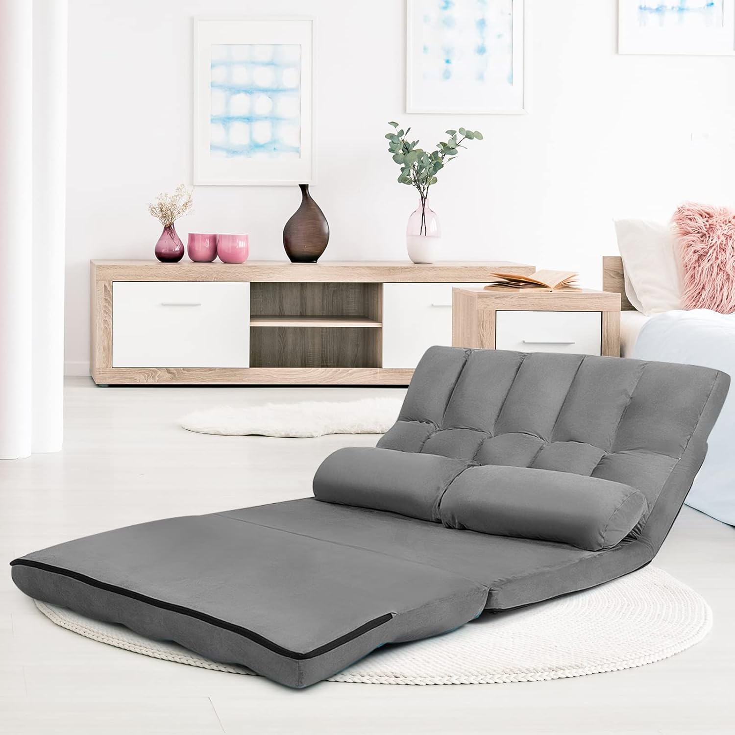 GOPLUS 2 Sitzer Bodensofa mit 2 Kissen, 3 in 1 Sofabett Liege Sofa mit 6 stufig Verstellbarer Rückenlehne, Klappsofa mit Schlaffunktion für Wohnzimmer Schlafzimmer (Grau)