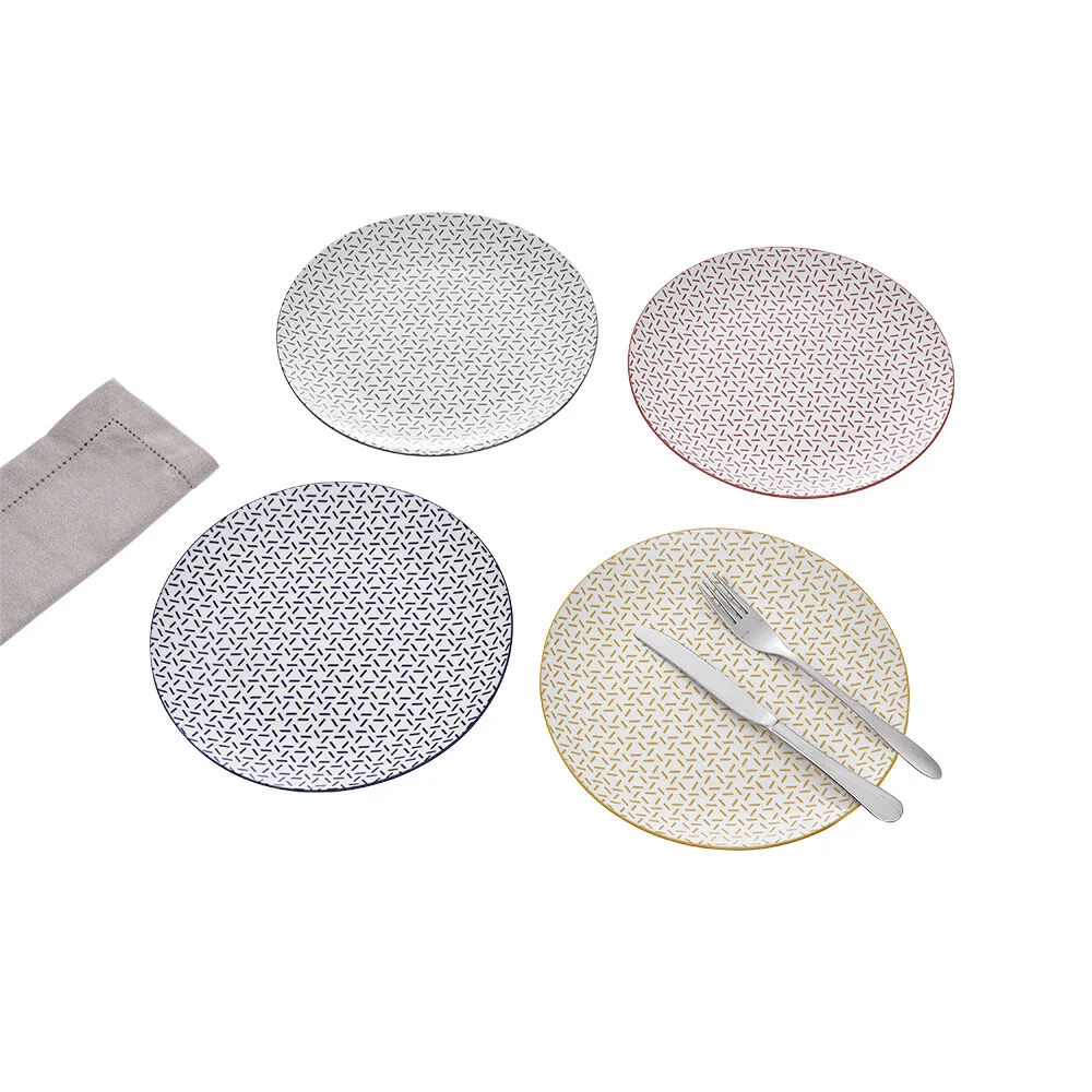 Lot de 4 assiettes plates porcelaine motif trait triangle multicolore Ø24cm