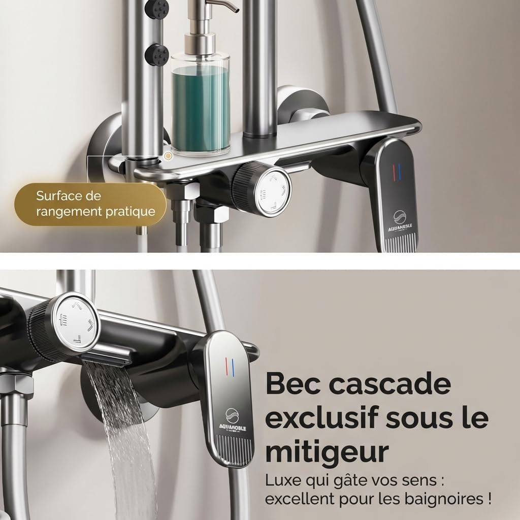 Duschsystem Komplettset für Bad & Dusche Regendusche mit 3-Funktions Handbrause | Thermostat Armatur Messing & Edelstahl Duschsäule Duschgarnitur & Duschbrause mit Ablage Anti Kalk Beschichtung chrom