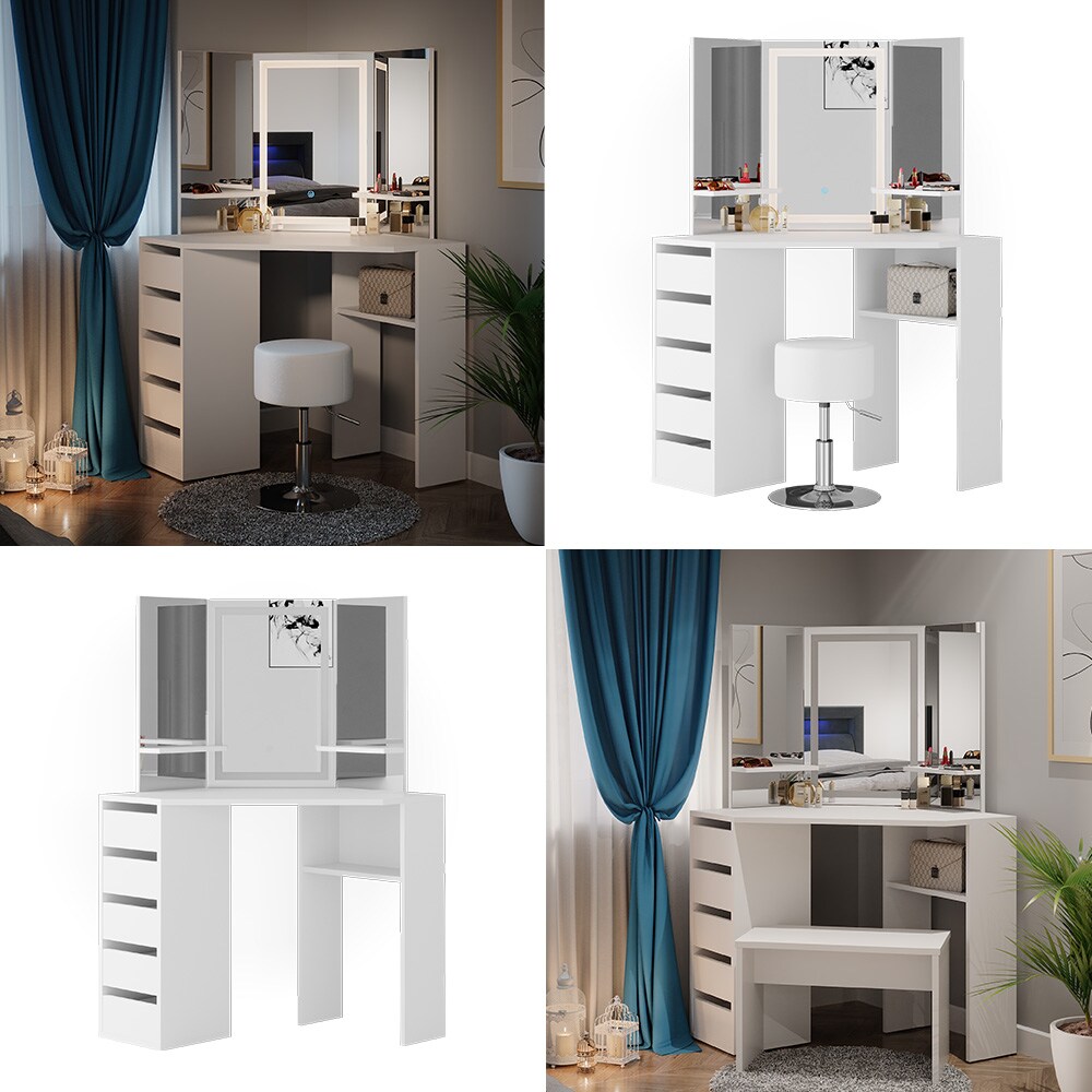 Vicco Eckschminktisch Frisiertisch Schminkkommode Arielle Weiß LED-Spiegel 111x142 cm modern Schlafzimmer Kommode Schublade Ablage Aufbewahrung Kosmetiktisch Schminkkonsole Make-Up-Tisch