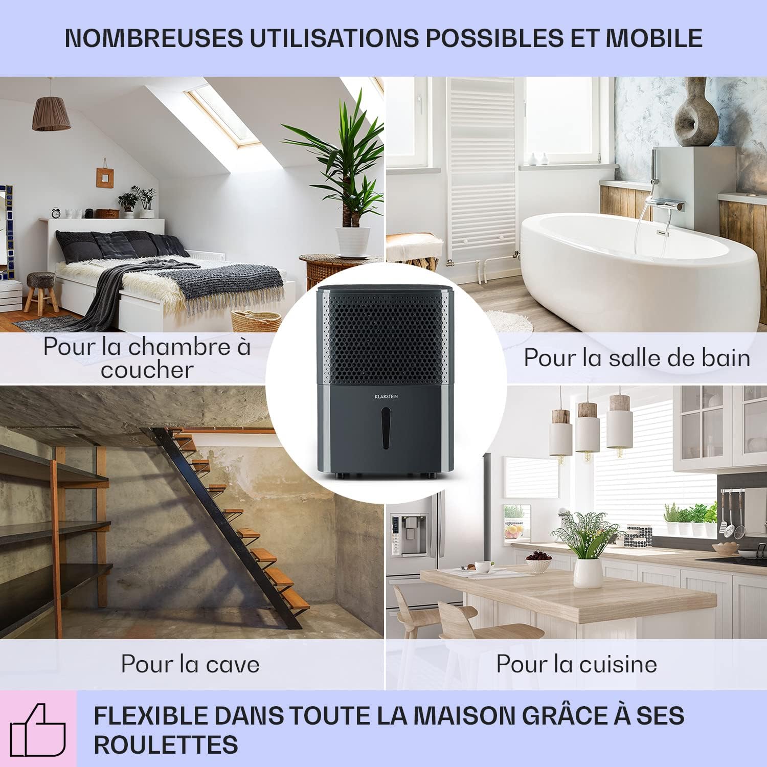 KLARSTEIN DryFy - Déshumidificateur silencieux, Réglage Niveau d'humidité, Minuterie, Puissance 240W, Réservoir d'eau de 1,8L, Pièces de 15-20 m² (jusqu'à 100 m³), 40 DB, 10 L/24h - Anthracite