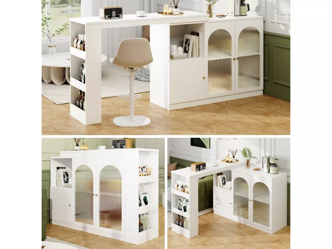Meuble de bar pivotant - 3 portes et étagères de rangement - Bois MDF et verre - pour salle à manger ou salon - Blanc