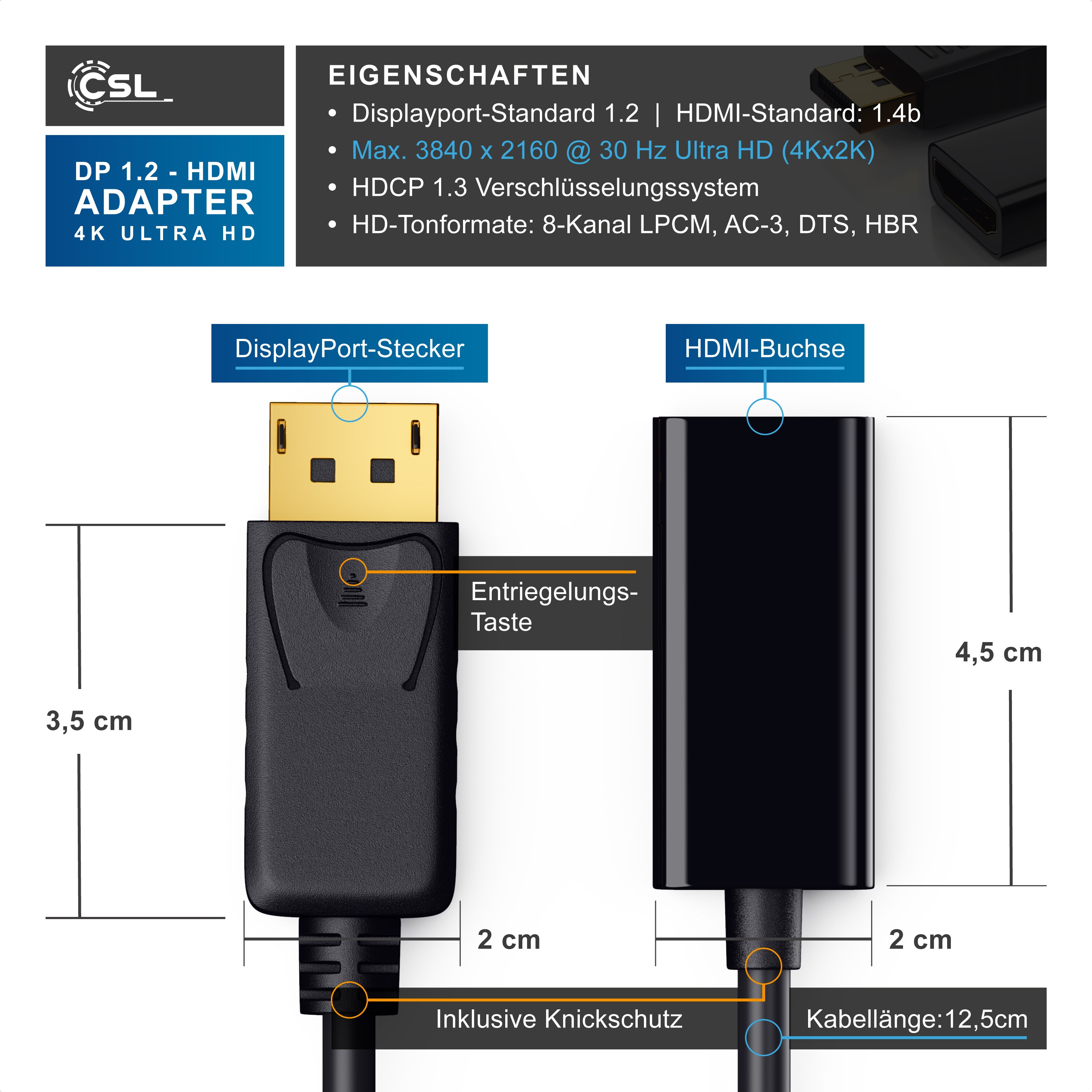 CSL 4k UltraHD DP 1.2 zu HDMI Monitor Adapter Kabel, DisplayPort zu HDMI Typ A