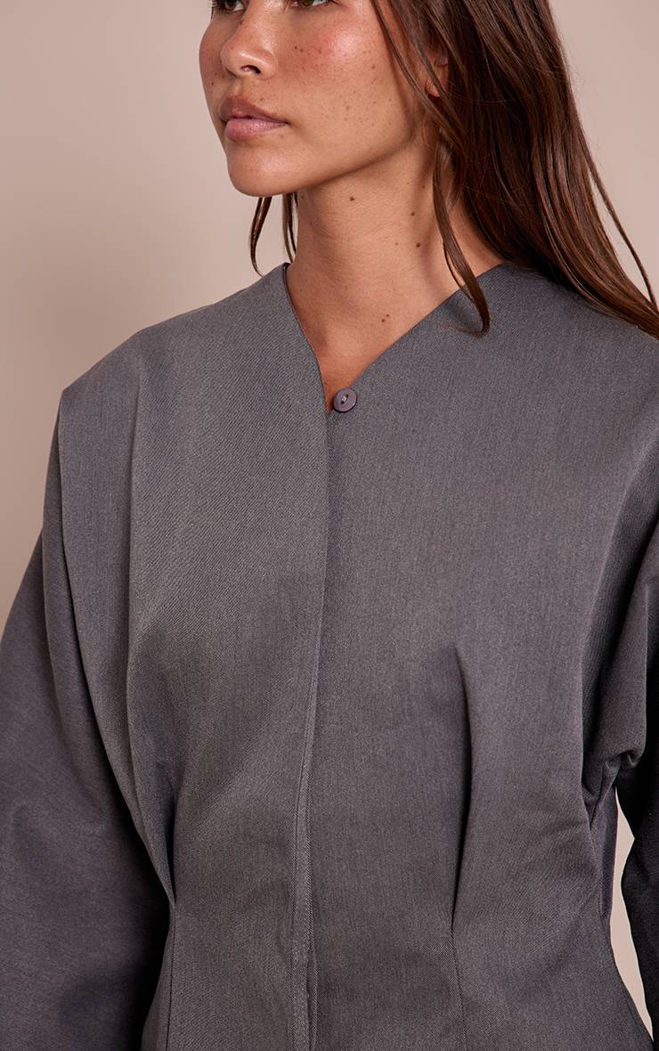 Charcoal Grey Blazer Ajusté Sans Col En Tissu Tissé Premium Avec Ensemble Coordonné