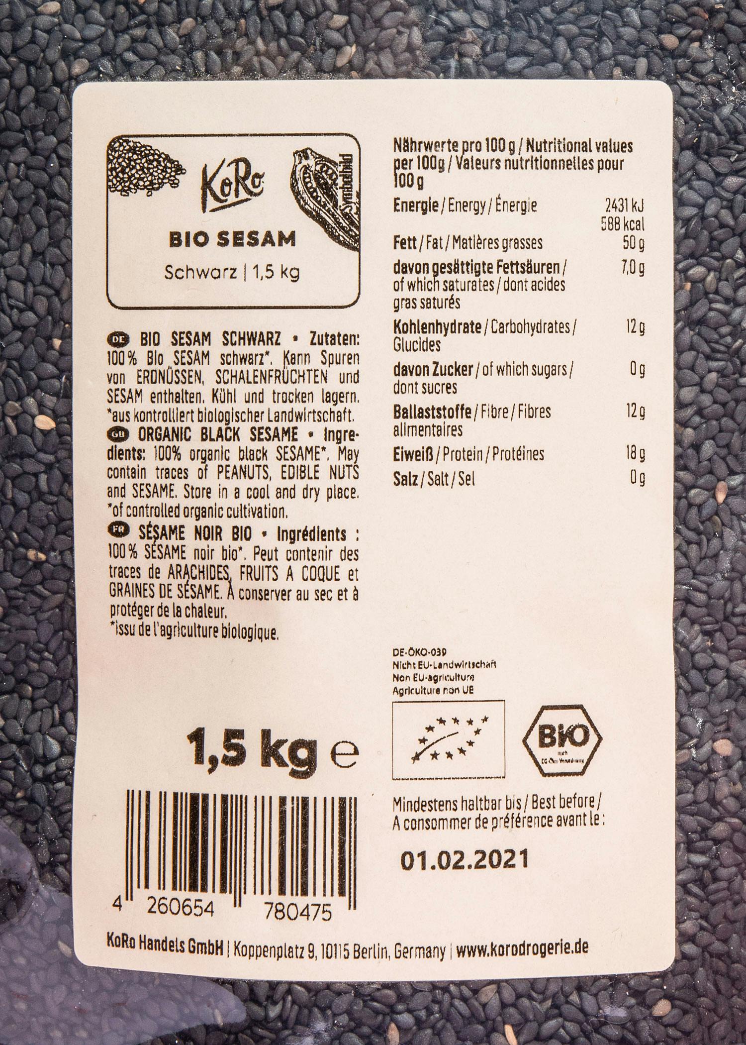 Schwarzer Bio Sesam 1,5 kg