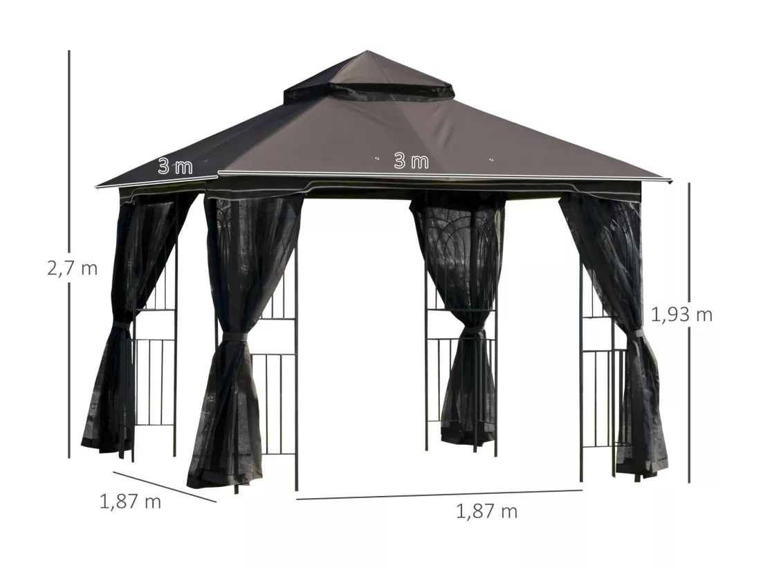 Tonnelle barnum style colonial double toit toile moustiquaires amovibles 4 étagères d'angle métal époxy polyester chocolat