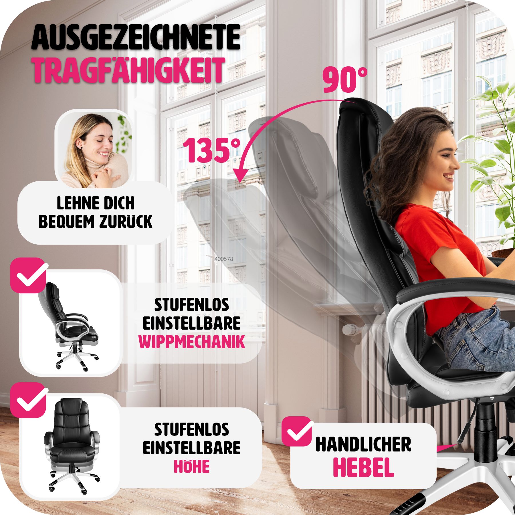 tectake® Bürostuhl, 360° drehbar und stufenlos höhenverstellbar, doppelte Polsterung mit Kunstlederbezug, einstellbare Wippfunktion