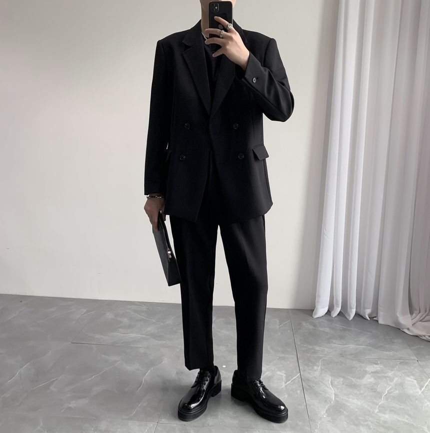 Lefitt - Set: Dubbelrijs blazer + Rechte broek