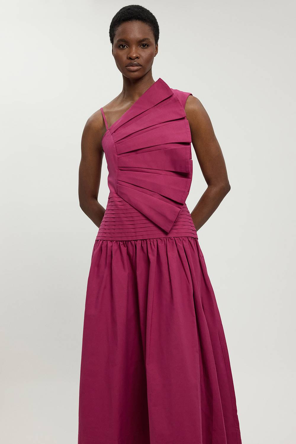 KarenMillen Robe Midi Tissée En Popeline De Coton Avec Détail De Plis 3D Petite