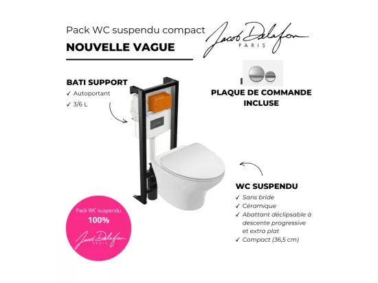 Pack WC suspendu sans bride compact JACOB DELAFON Nouvelle vague+ bâti-support + plaque Chrome brillant/Blanc mat
