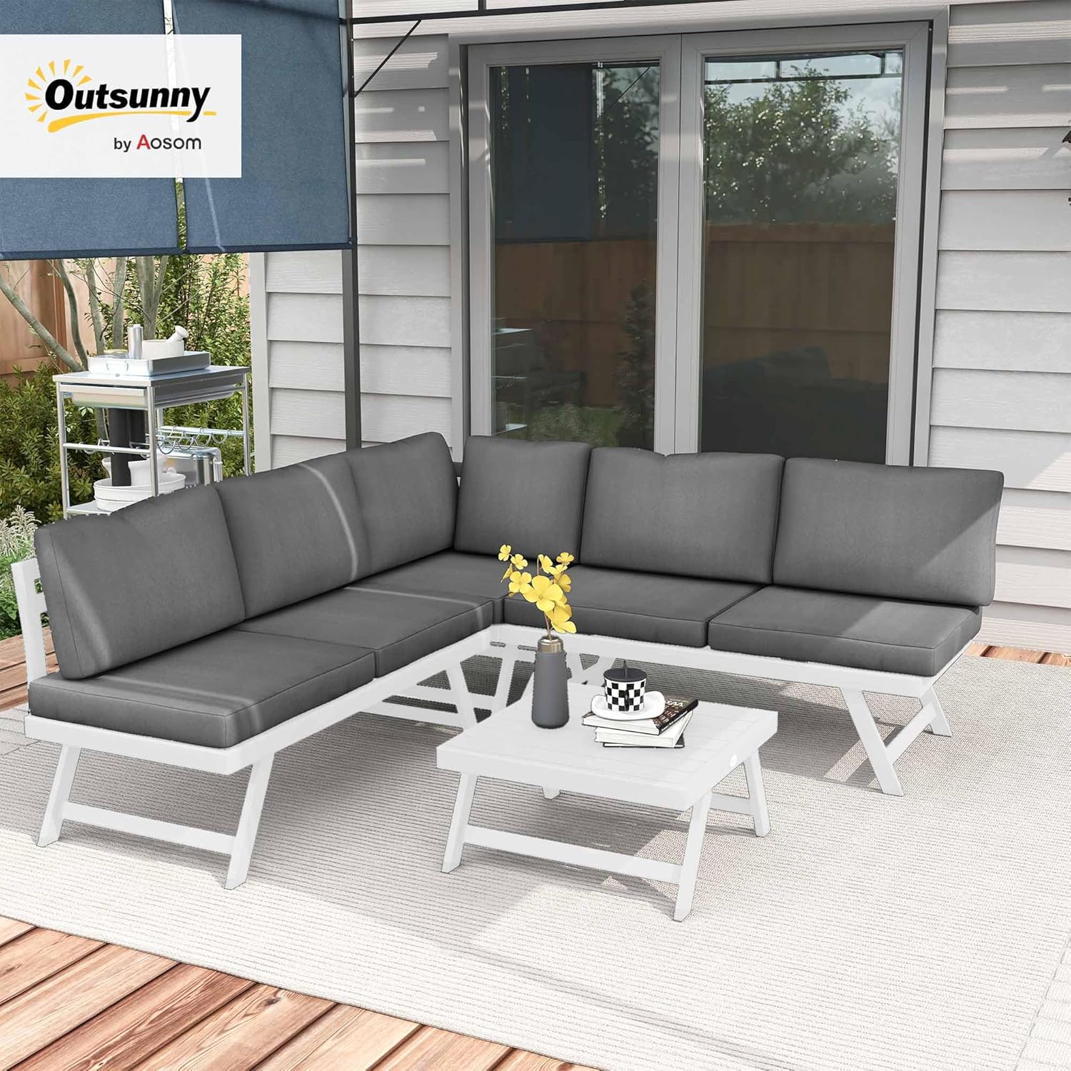 Outsunny 4-TLG. Gartenmöbel-Set, Gartenlounge-Set mit Ecksofa, Doppelsofa, Couchtisch, Sitzkissen, Gartensitzgruppe, Balkonmöbel-Set für Terrasse, Grau