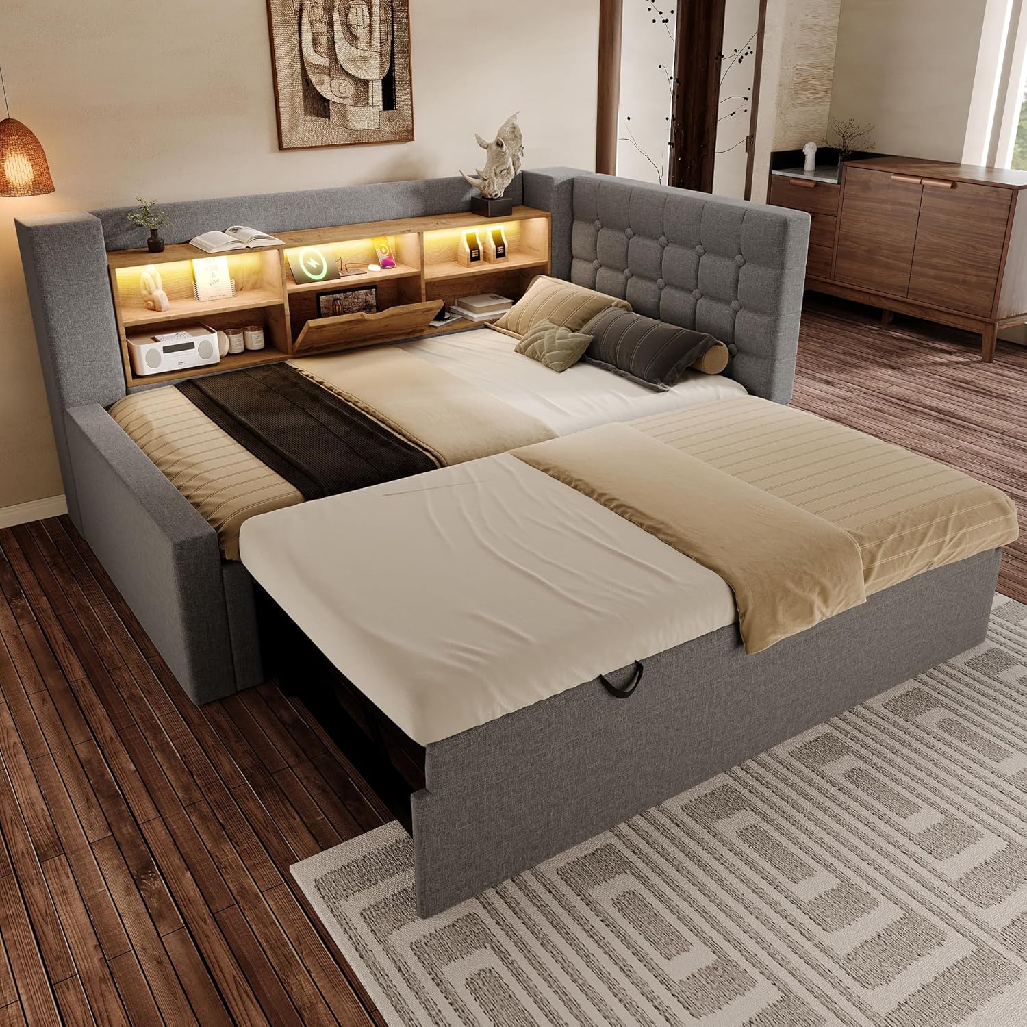 Polsterbett Bett mit LED-Beleuchtung 90x200cm, Mit Ausziehbett 90x190cm, Struraumbett, L-förmigem Kopfteil mit Stauraum, beidseitig montierbar, Lattenrost, Leinen (Grau-A)