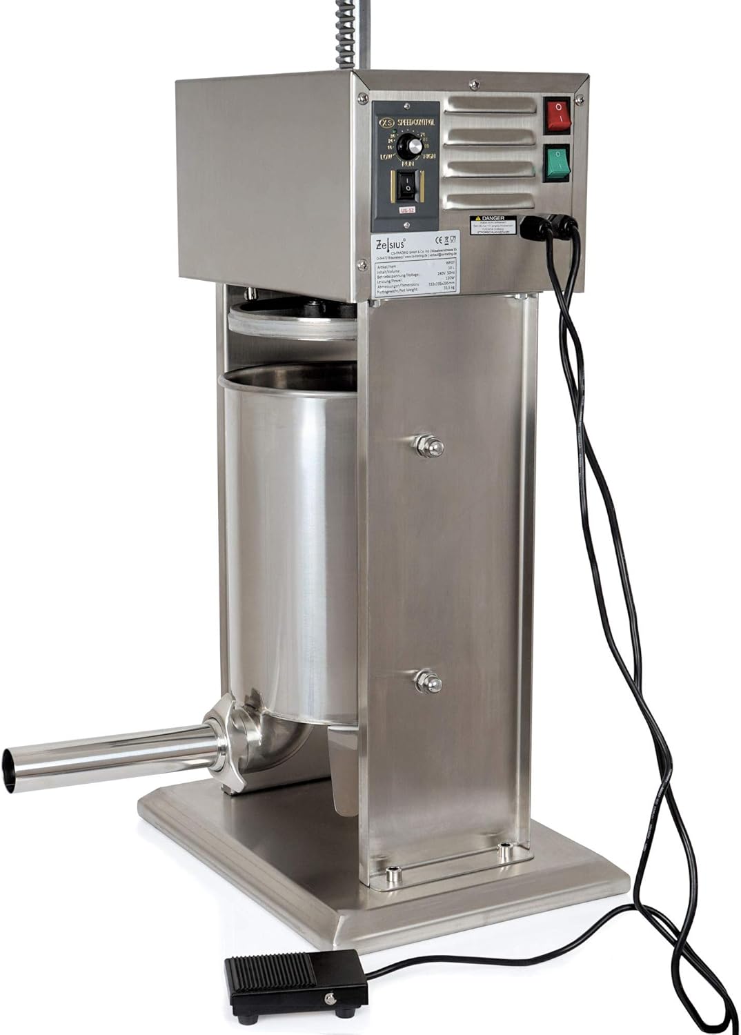 Zelsius elektrischer Wurstfüller 10L Wurstfüllmaschine elektrisch Edelstahl Wurstpresse mit Fußpedal 4x Fülltülle 3x Ersatzdichtung
