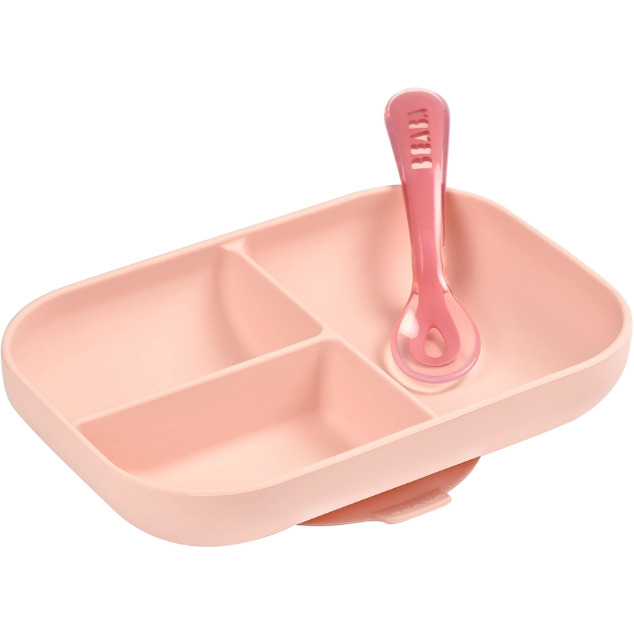 BEABA® Geteilter Silikonteller + Löffel 2. Altersstufe rosa