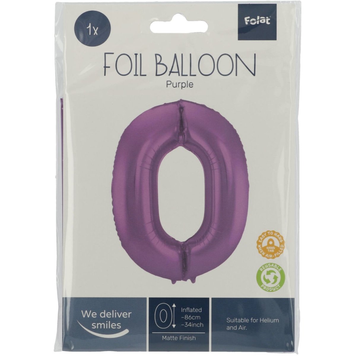 Folie Ballon Cijfer 0 Mat Paars XL 86cm leeg