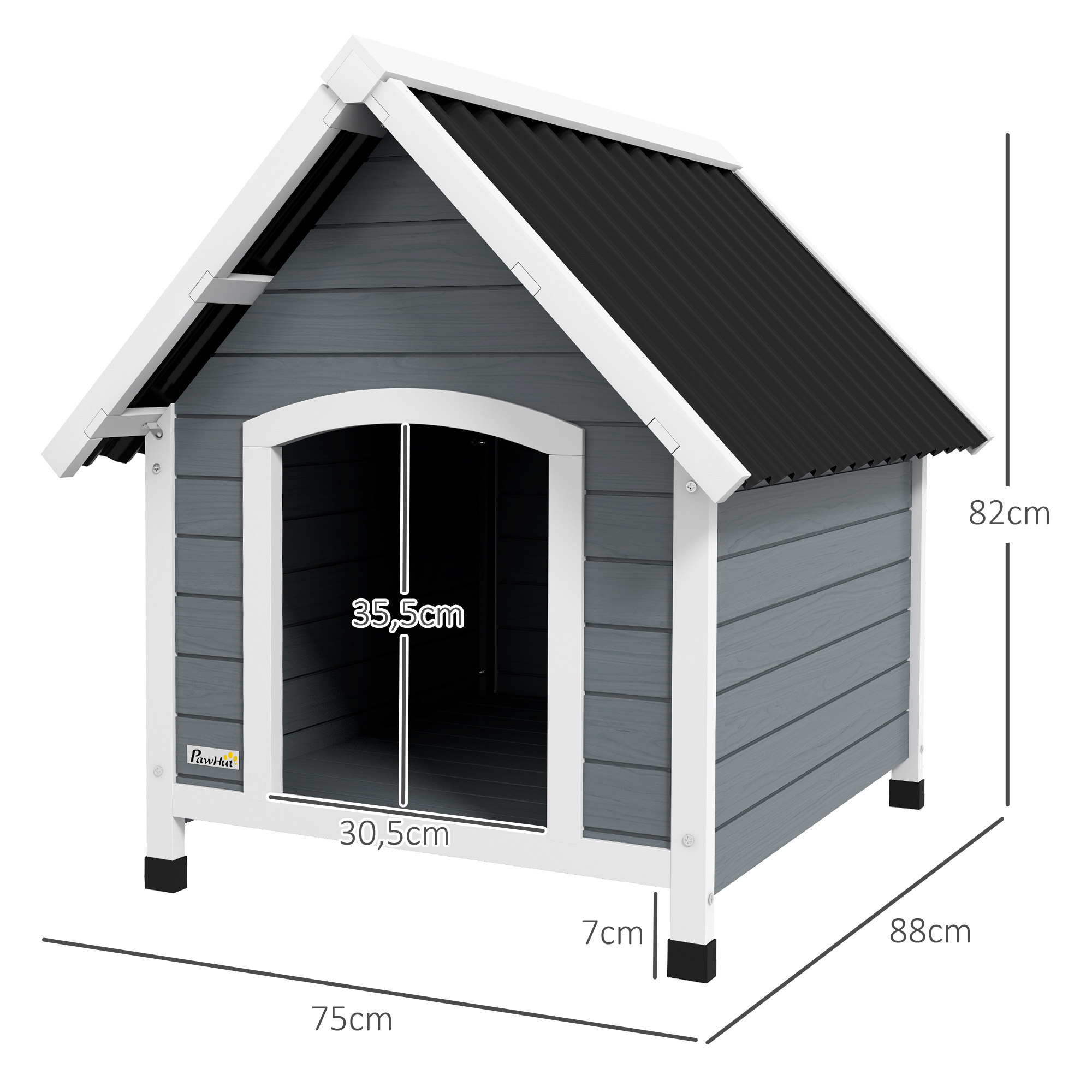 Casinha para cães PawHut, tamanho médio (75x88x82 cm), com telhado imitando telha, base elevada e piso removível para uso externo, na cor cinza.