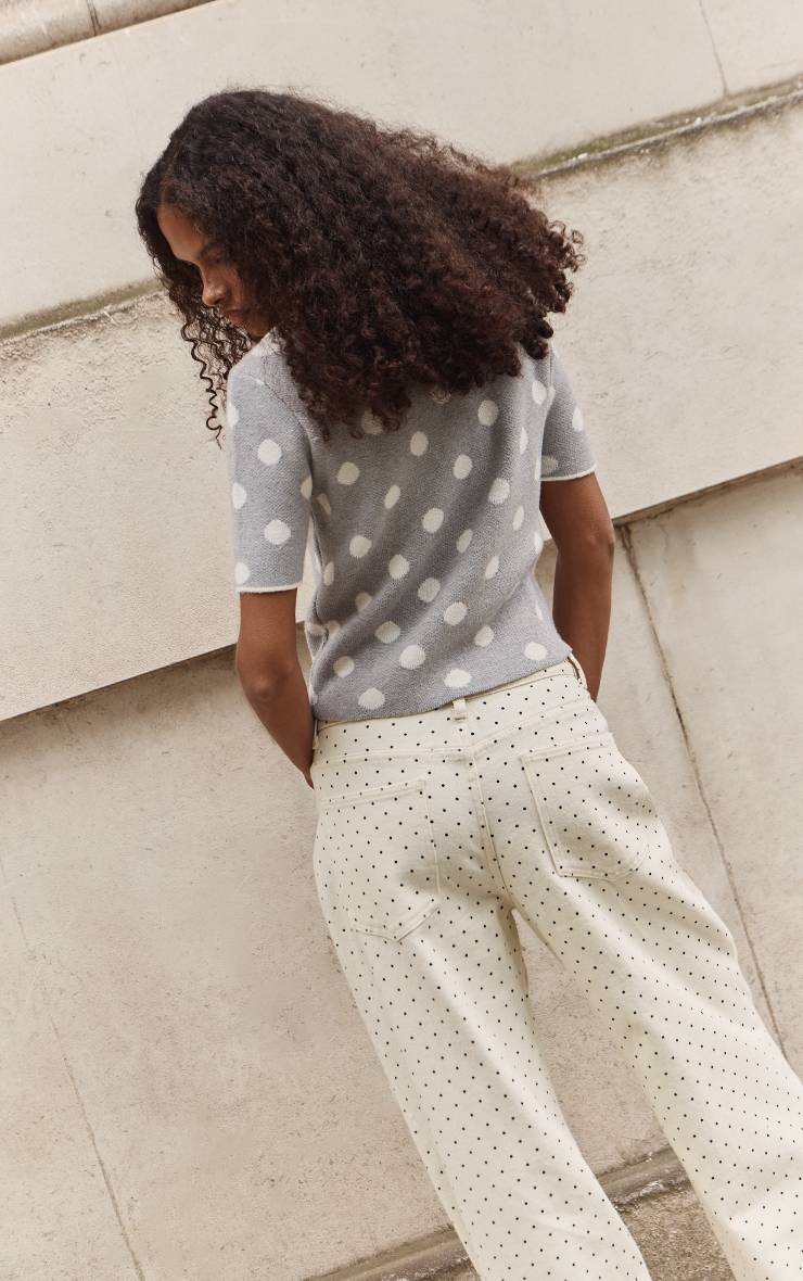 Gris Haut Polo En Maille Jacquard À Pois