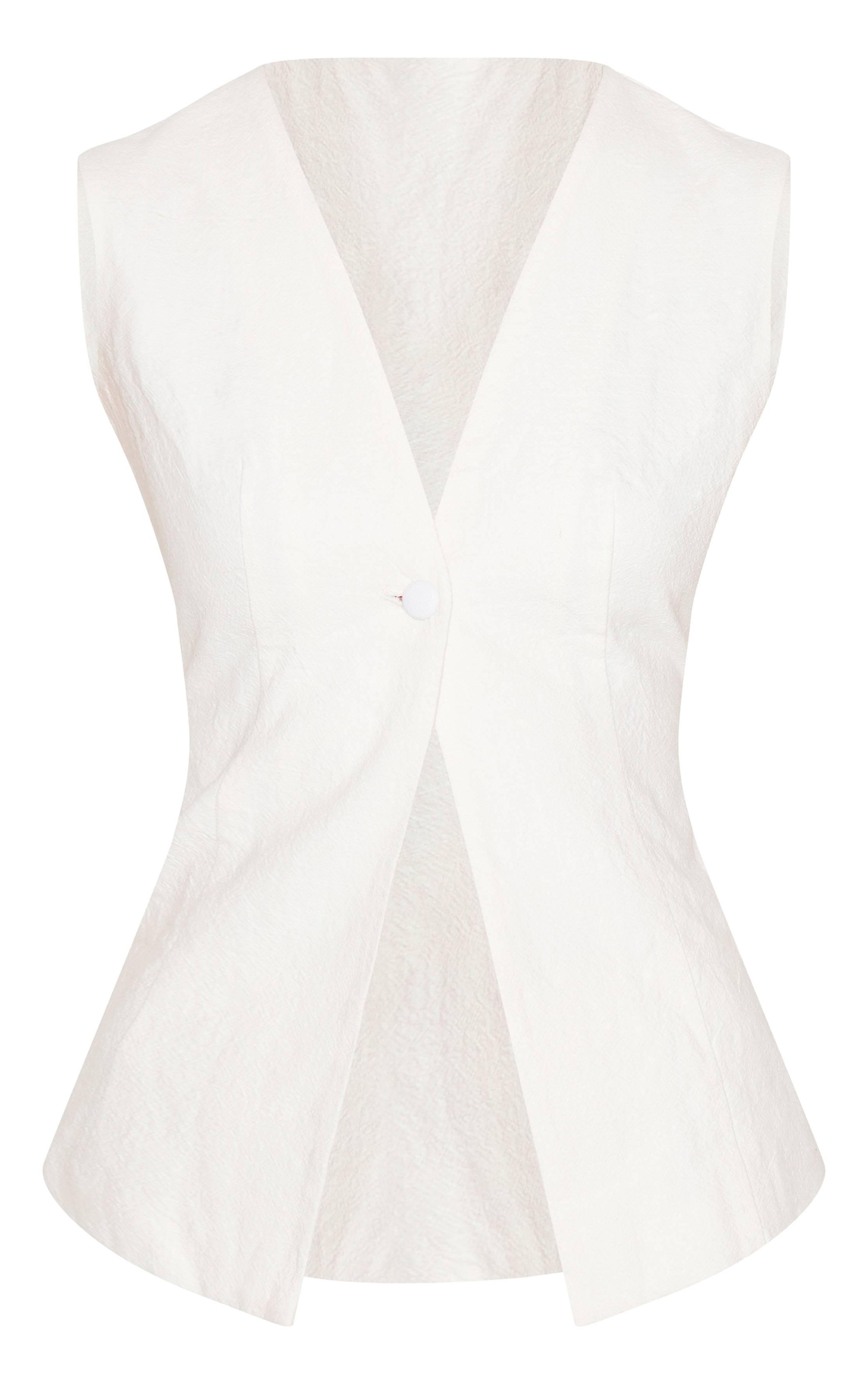 Blanc Gilet Long Boutonné Aspect Lin Premium