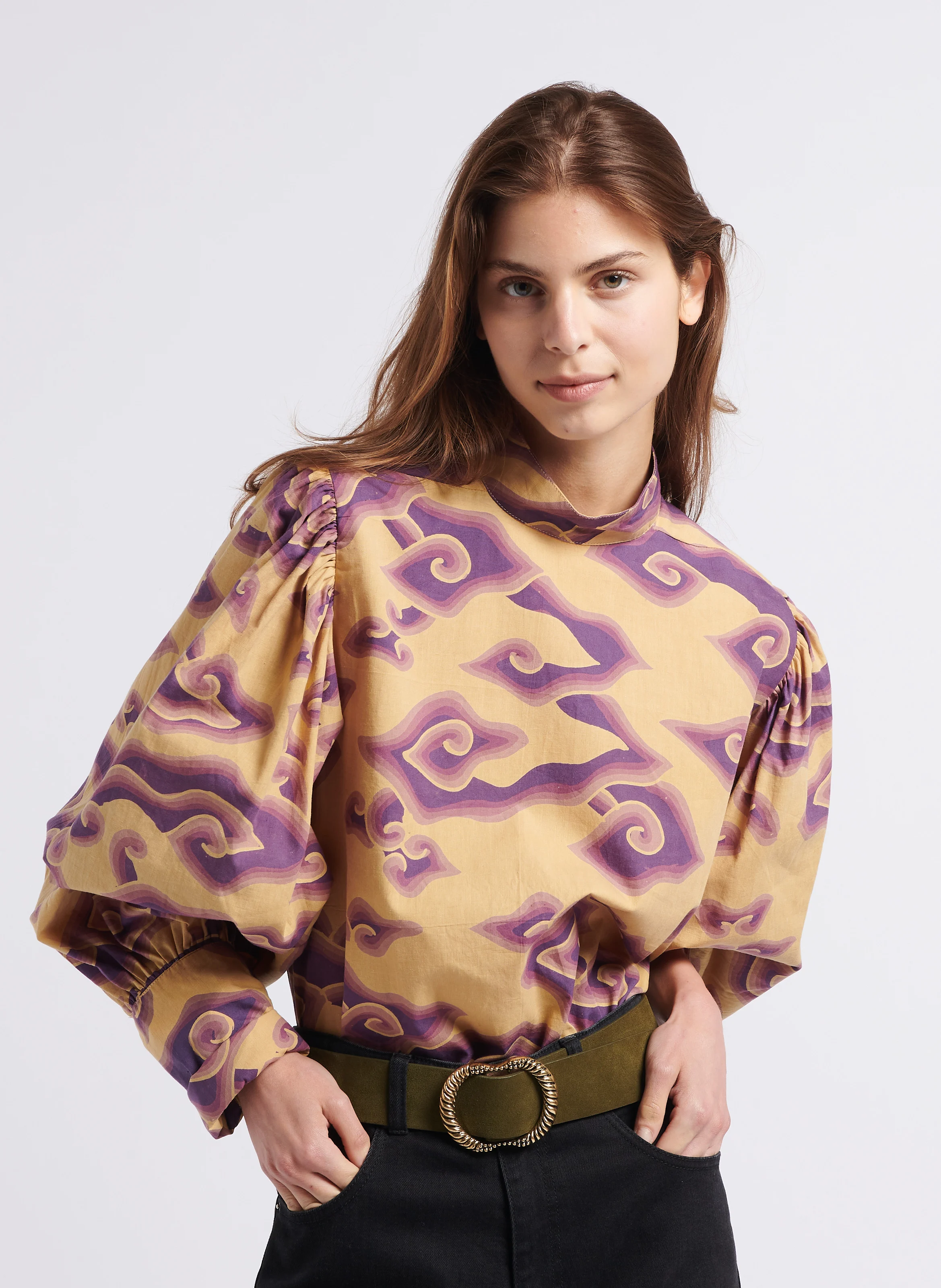 SELF - Blouse col montant imprimée en coton | Violet