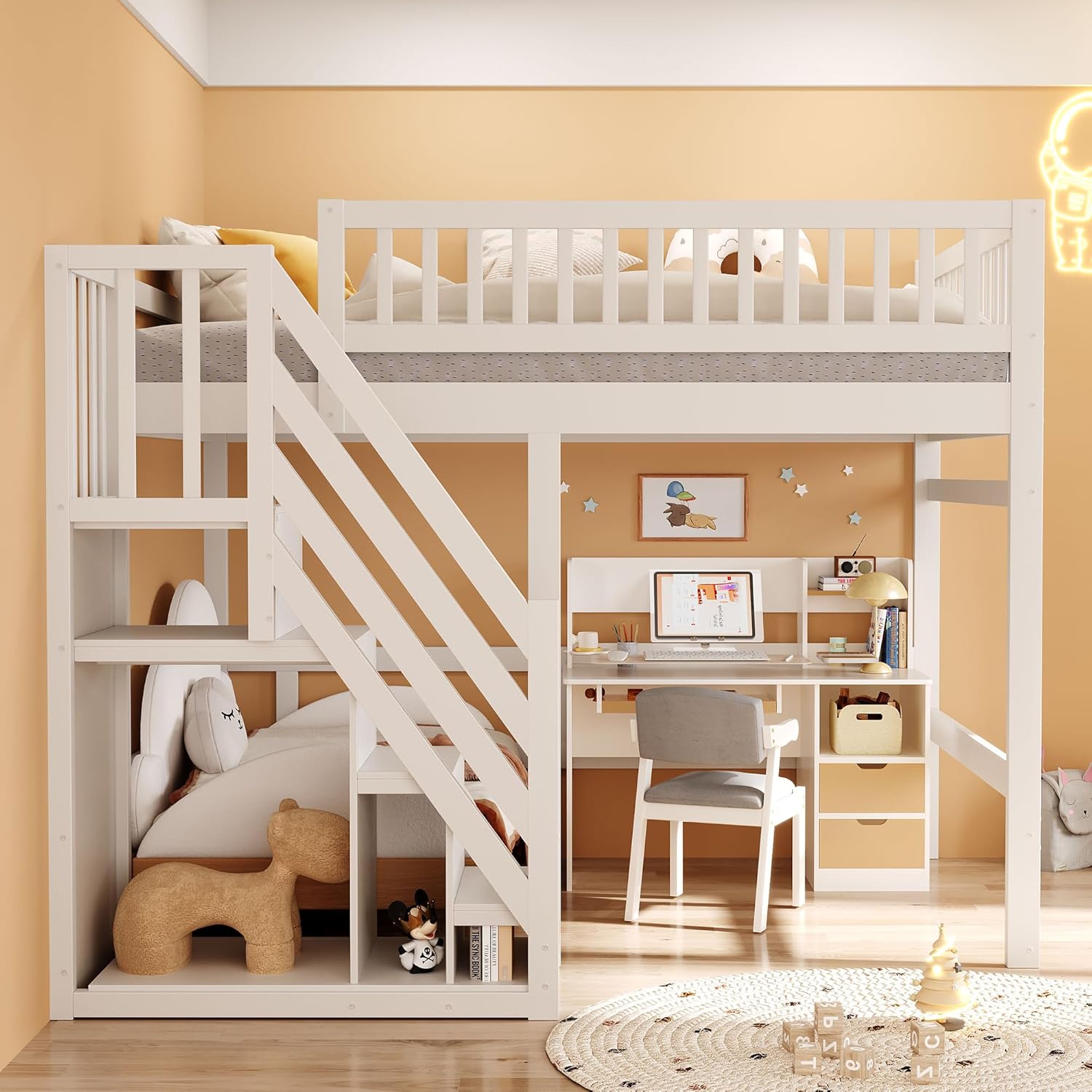 Kinderbett Etagenbett 140x200 cm, Hochbett mit Treppe und Stauschrank, Multifunktionsbett Doppelbett Stockbett Spielbett Kinderhochbett Jugendhochbett mit Lattenrost, Massivholz, Ohne Matratze, Weiß