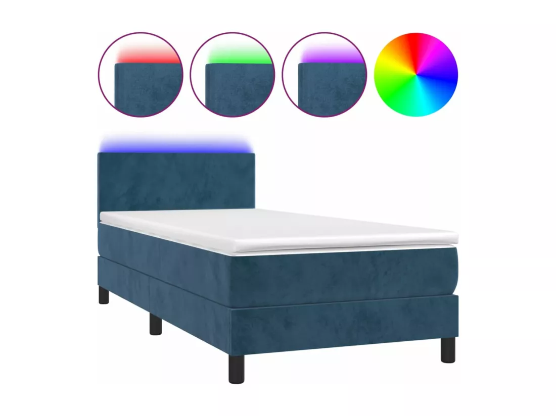 Sommier tapissier et matelas et LED Bleu foncé 90x190cm Velours