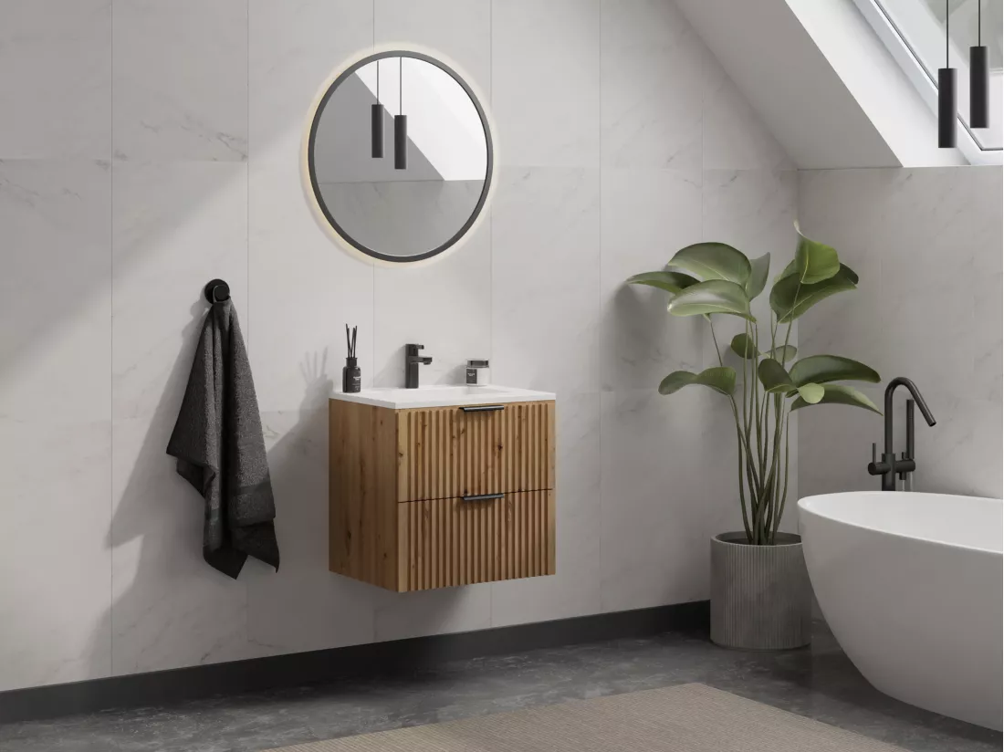 Meuble sous vasque suspendu strié - Naturel clair - L60 cm - ZEVARA