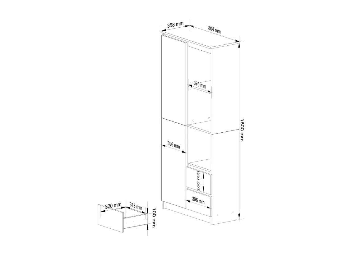 Bibliothèque de bureau AKORD R11 Blanche 80 cm 1 porte 2 tiroirs façade Gris Graphite mat 7 étagères 80x35x180 cm