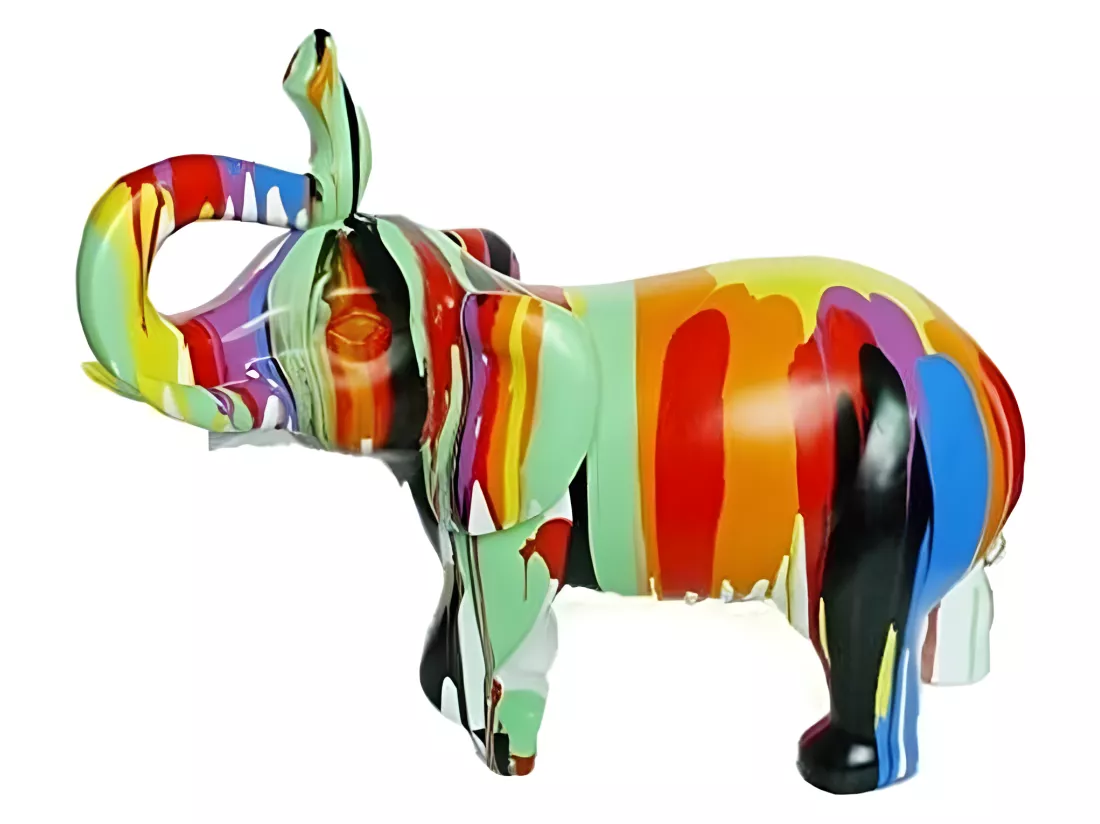Statue éléphant avec coulures noir et multicolore H51 cm - DUMBO 03