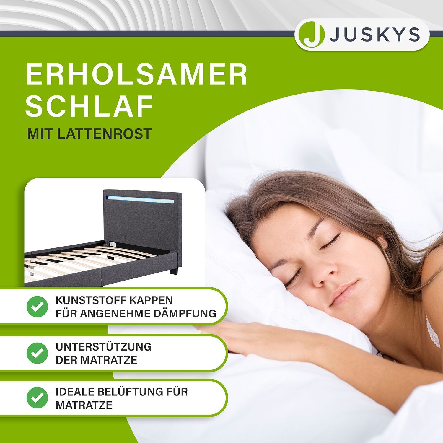 Juskys Polsterbett Verona 90x200 cm grau mit Matratze – Einzelbett + LED-Beleuchtung & Lattenrost