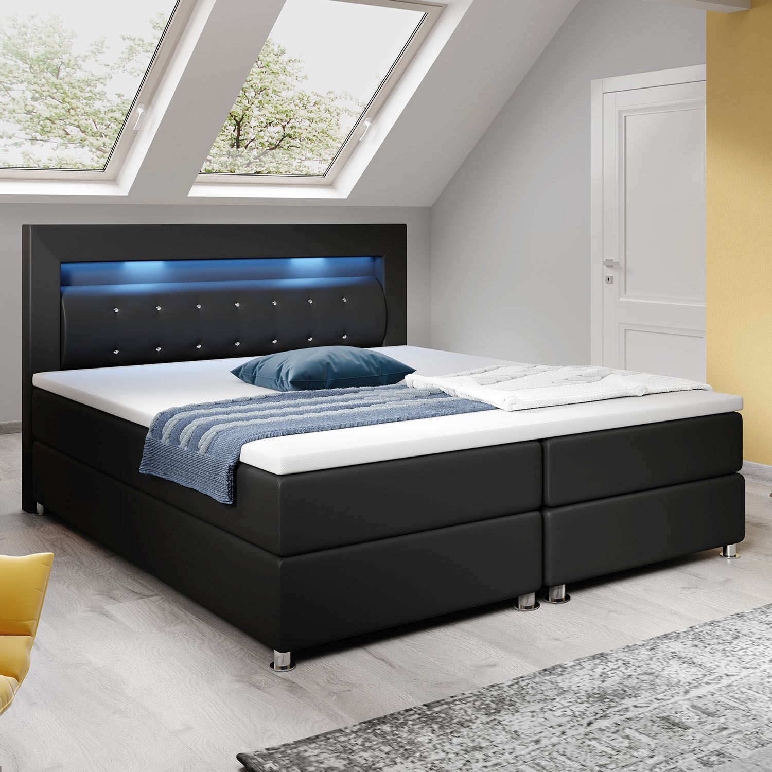 Juskys Boxspringbett Montana 140 x 200 cm schwarz aus Kunstleder mit Federkern Matratze