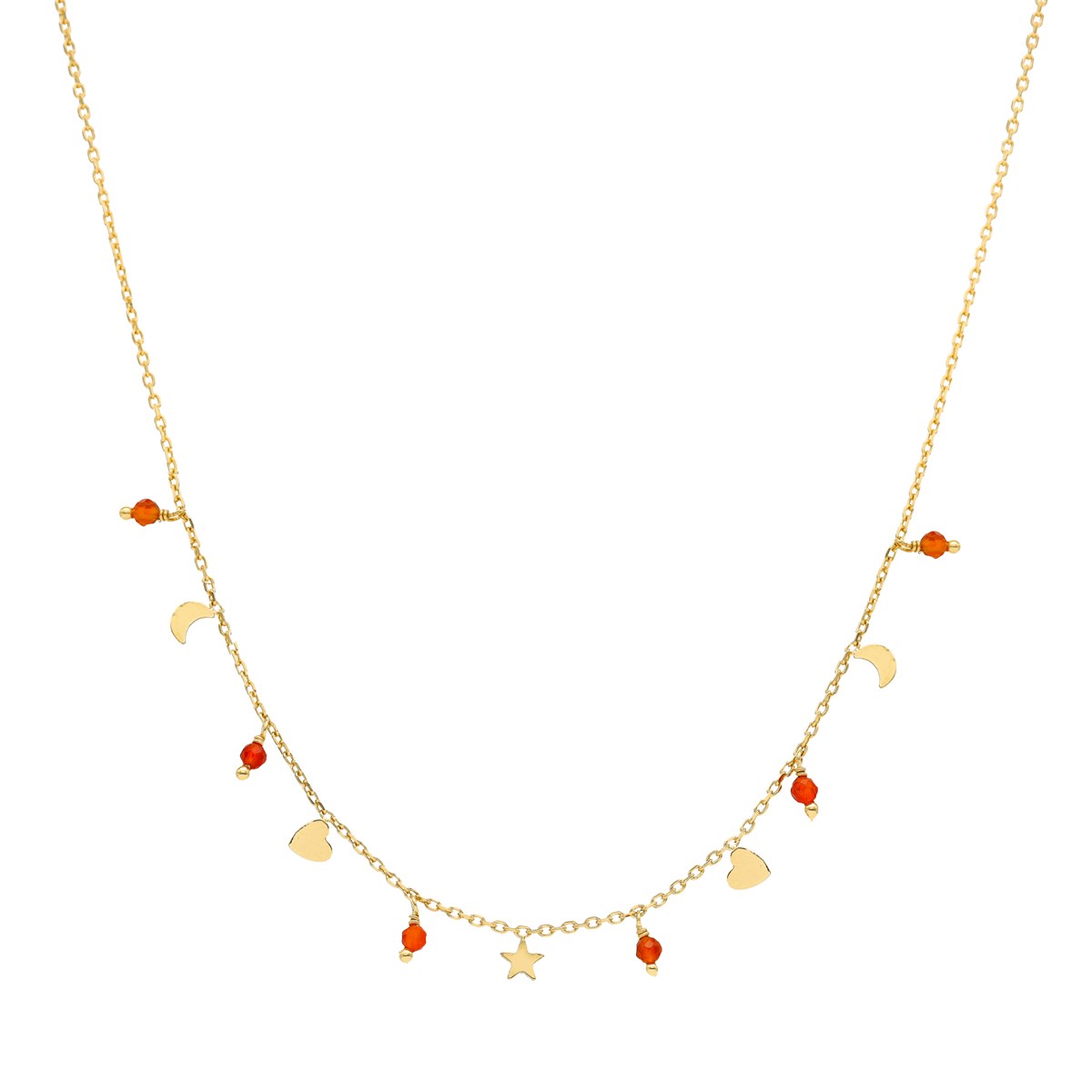 Collier Argent Doré Pampilles Lune Coeur Et Pierre Onyx Rouge