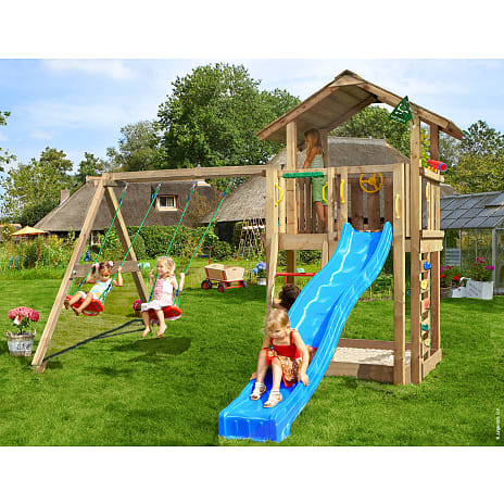 Jungle Gym Chalet 2.1 legetårn komplet inkl. gyngemodul og 120 kg sand + blå rutsjebane