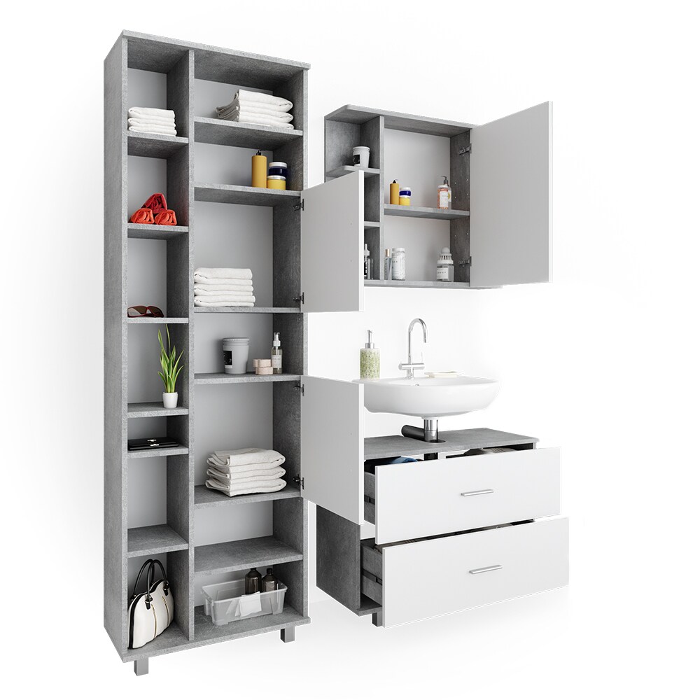 VICCO Badmöbel Set ILIAS Weiß Beton Spiegel Kommode Unterschrank Badschrank