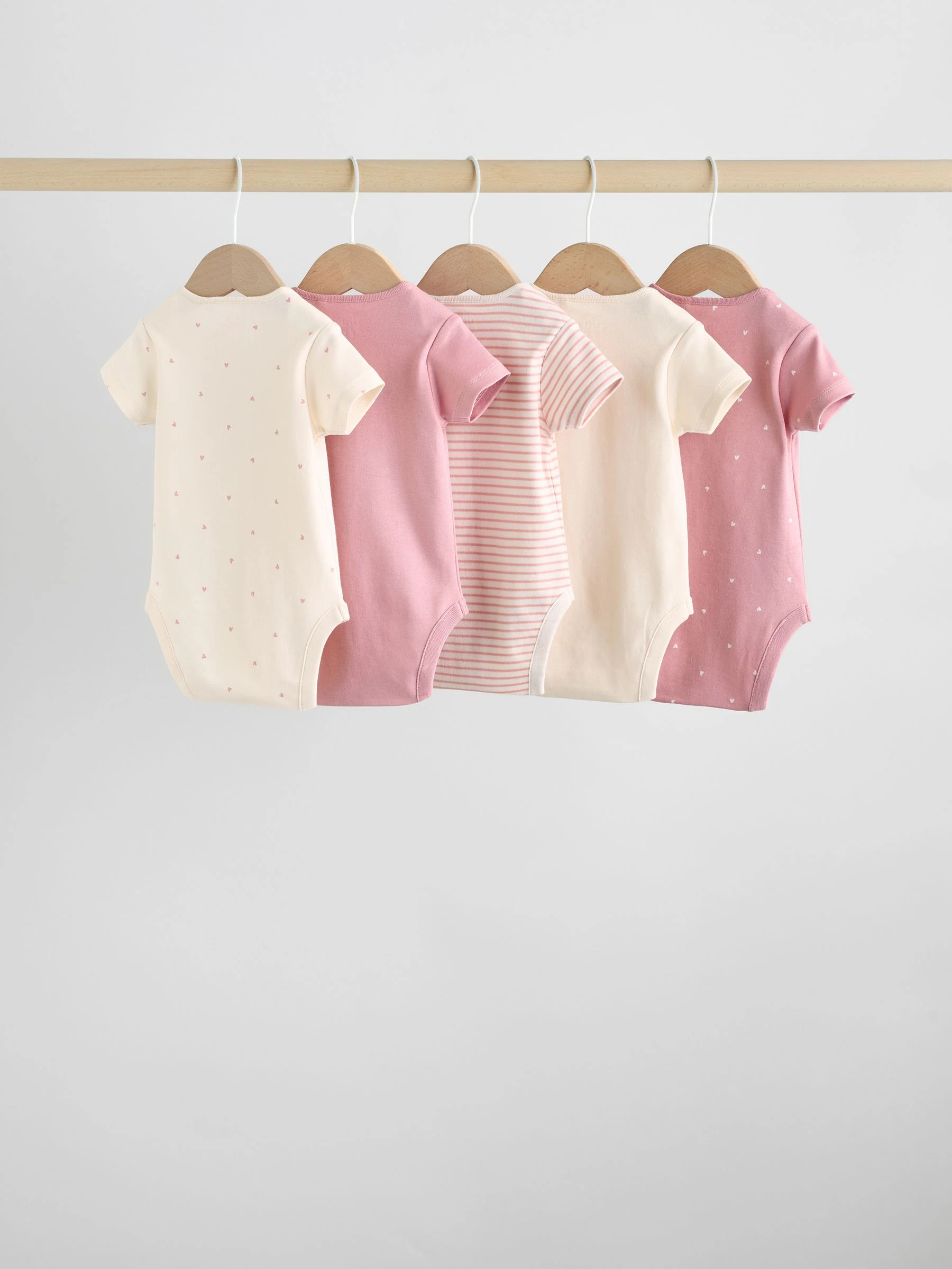 Roze met hartjesprint - Set van 5 babyrompertjes met korte mouwen