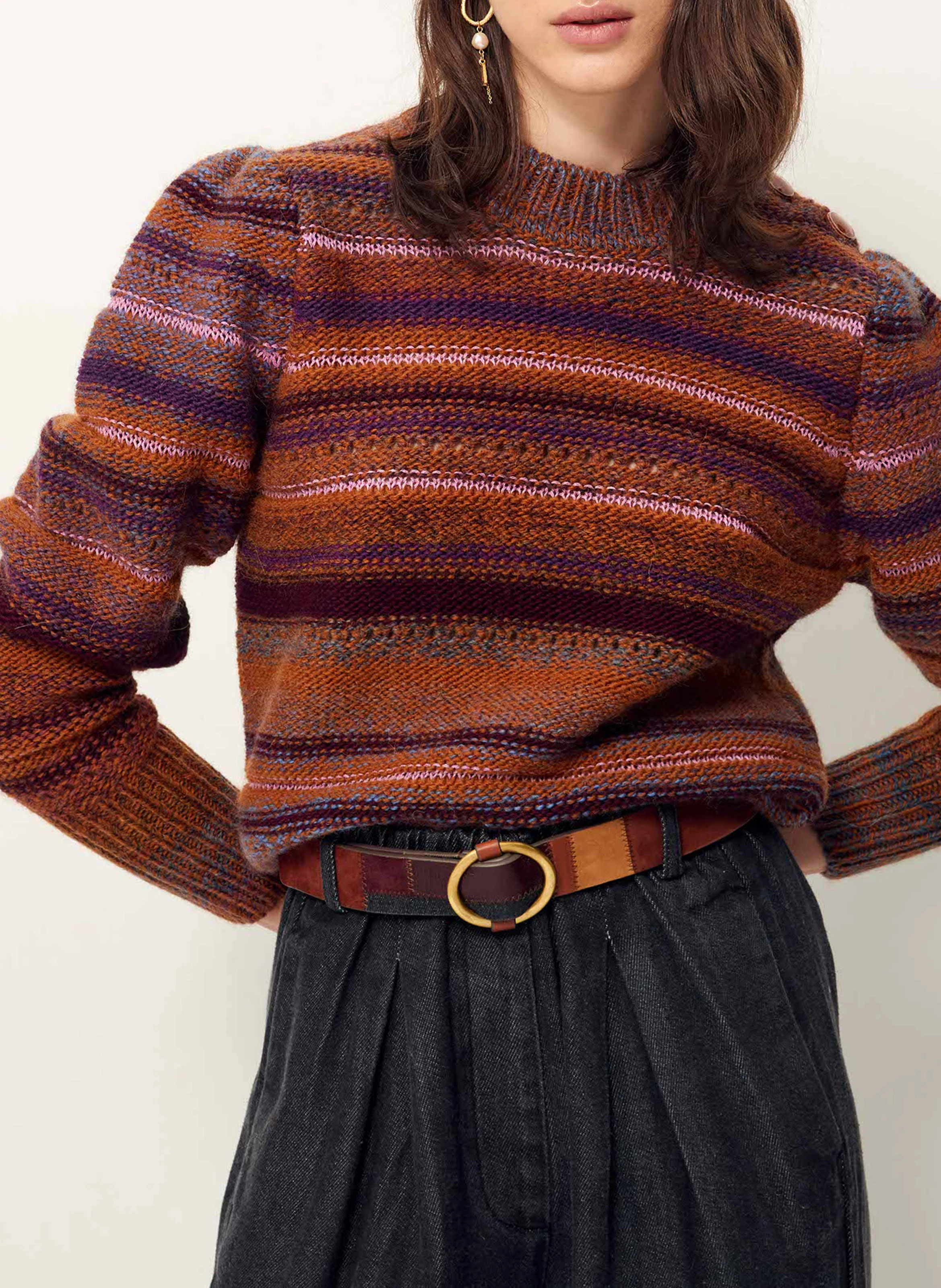 TOLOSA - Pull droit col rond rayé en laine mélangée | Marron