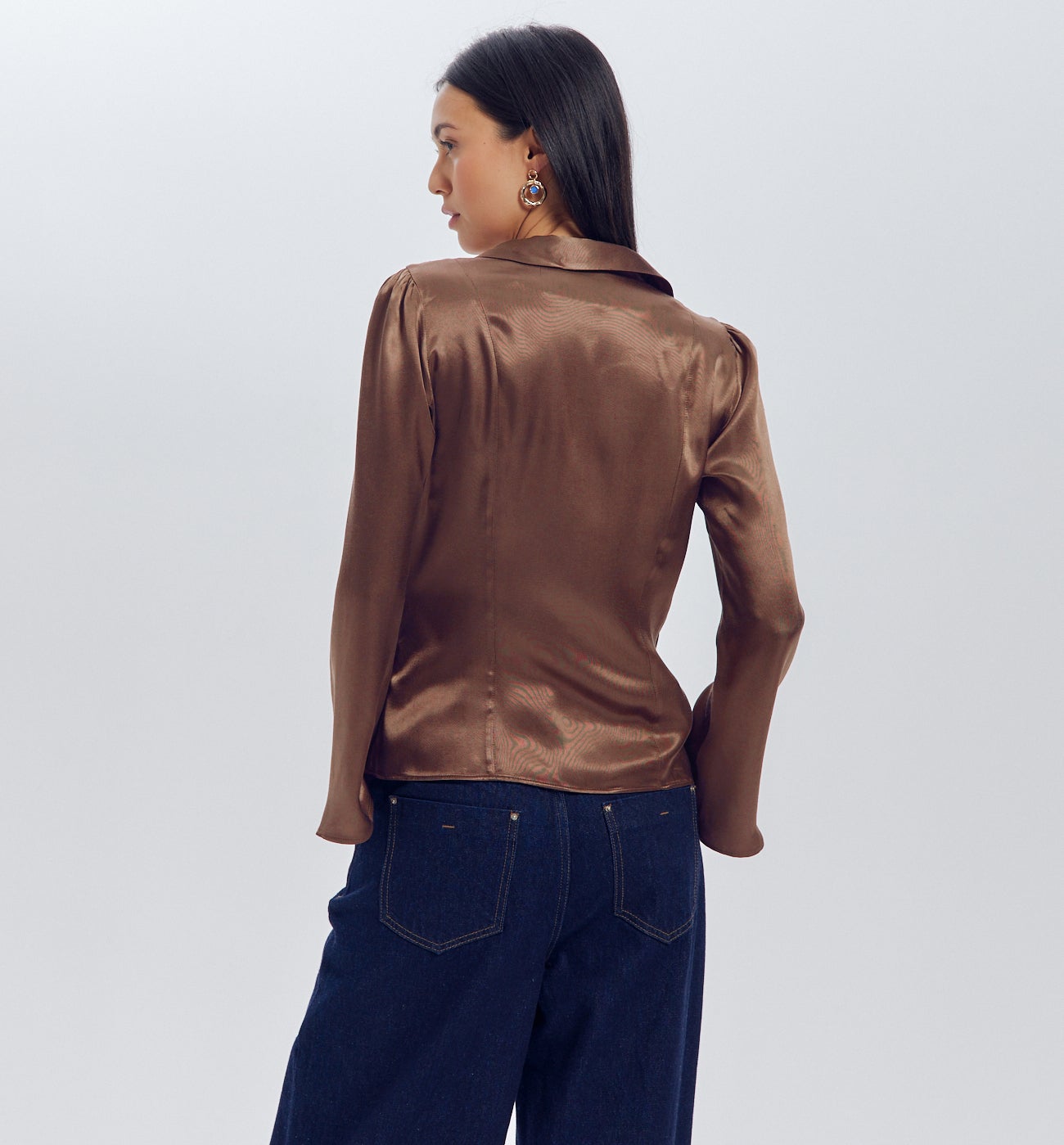 Blouse en satin uni Femme - Marron moyen