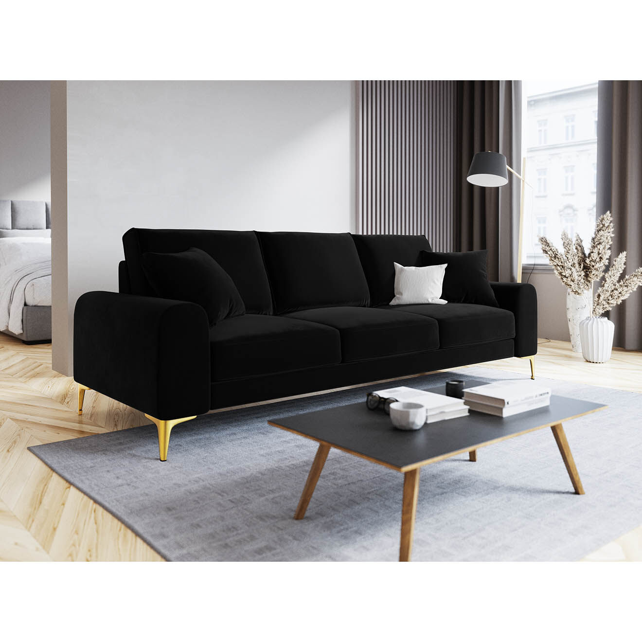 Mazzini Sofas Canapé Velours Madara noir - 237x102x90 cm