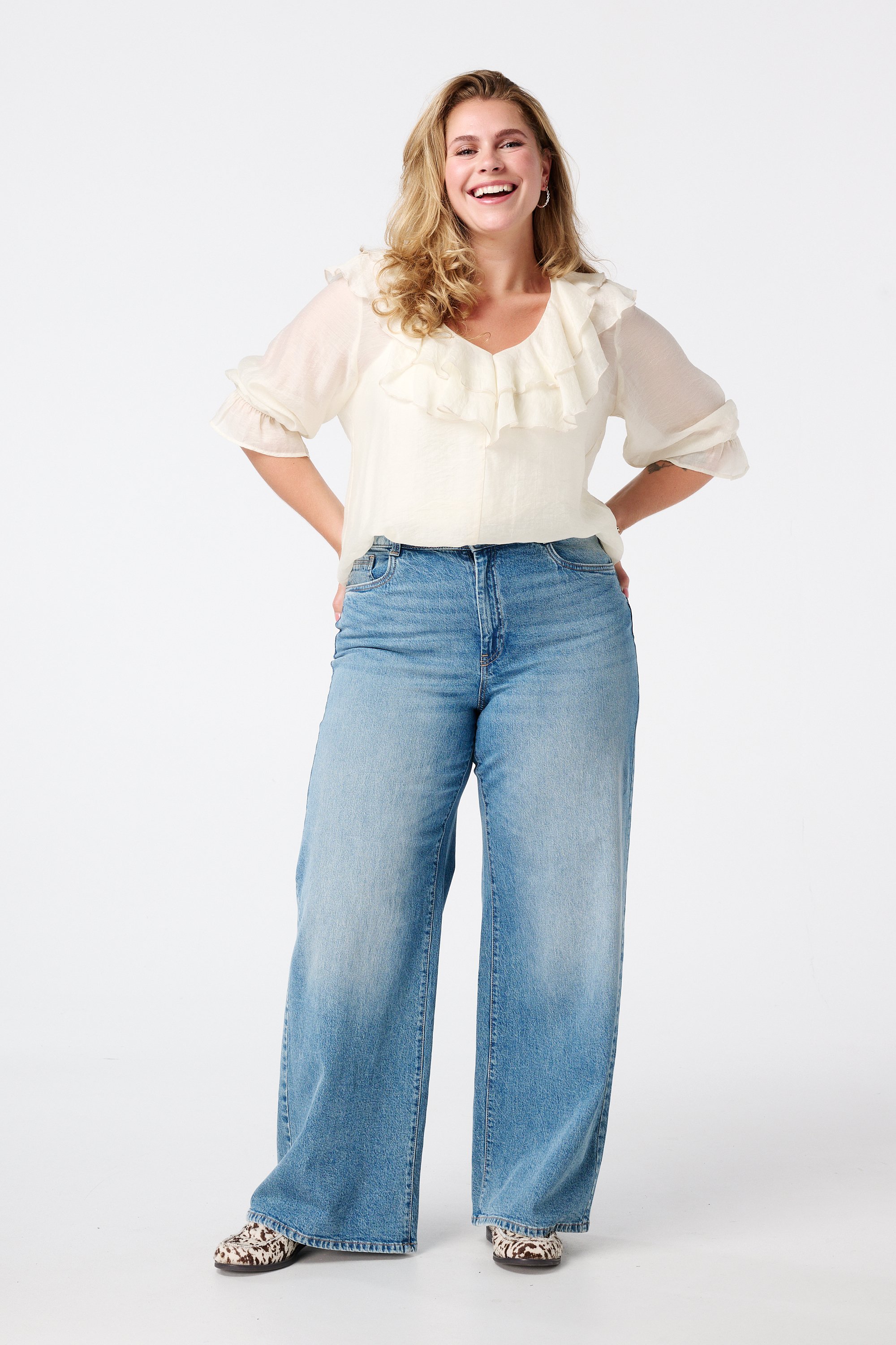 Wide leg jeans met hoge taille Stonewash Denim