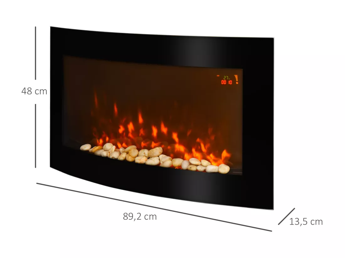 Cheminée électrique murale éclairages latéraux LED design avant-gardiste affichage LED avec télécommande et minuterie 1000/2000 W luminosité réglable noir
